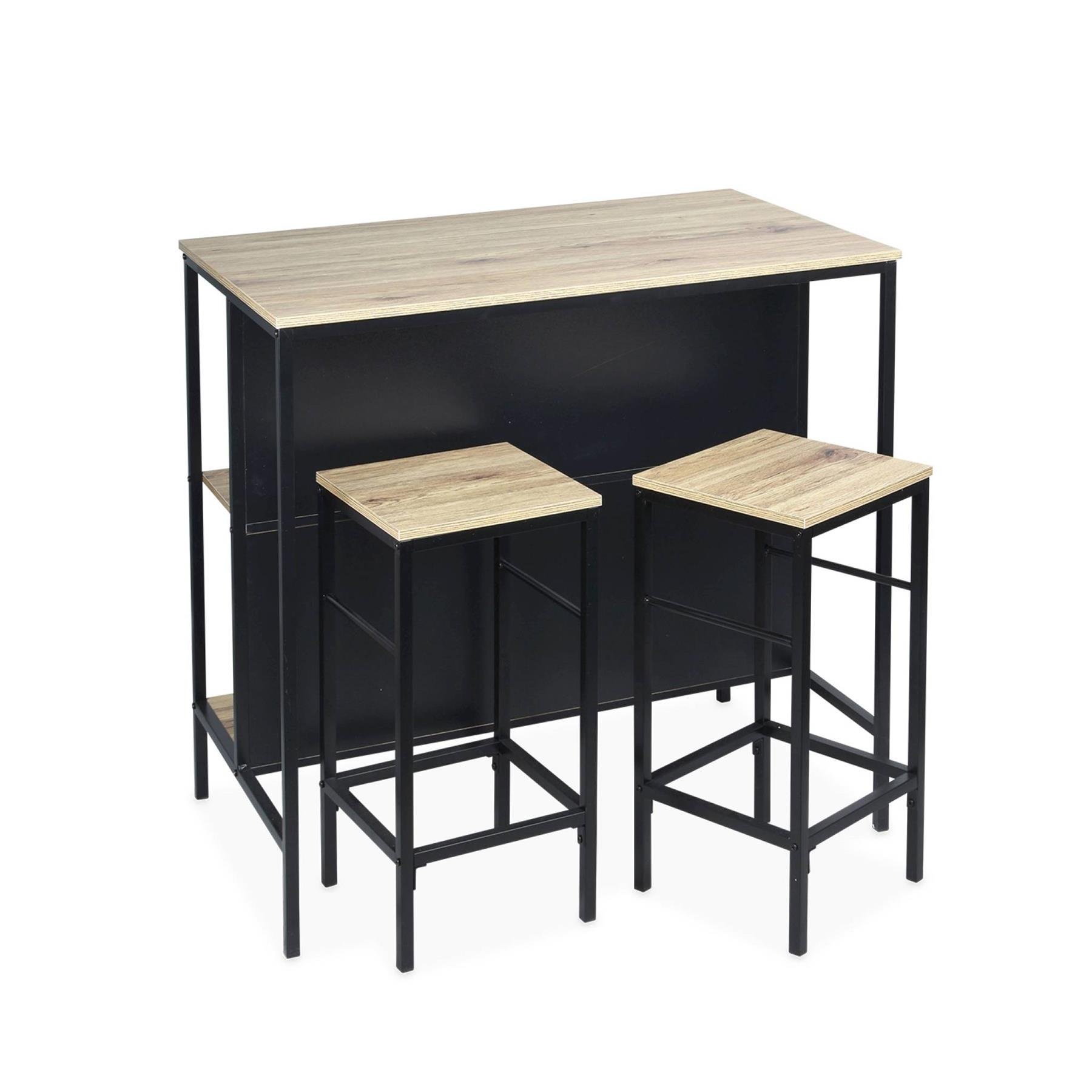 sweeek - Hoge tafel van hout en metaal, 2 planken, 2 krukjes