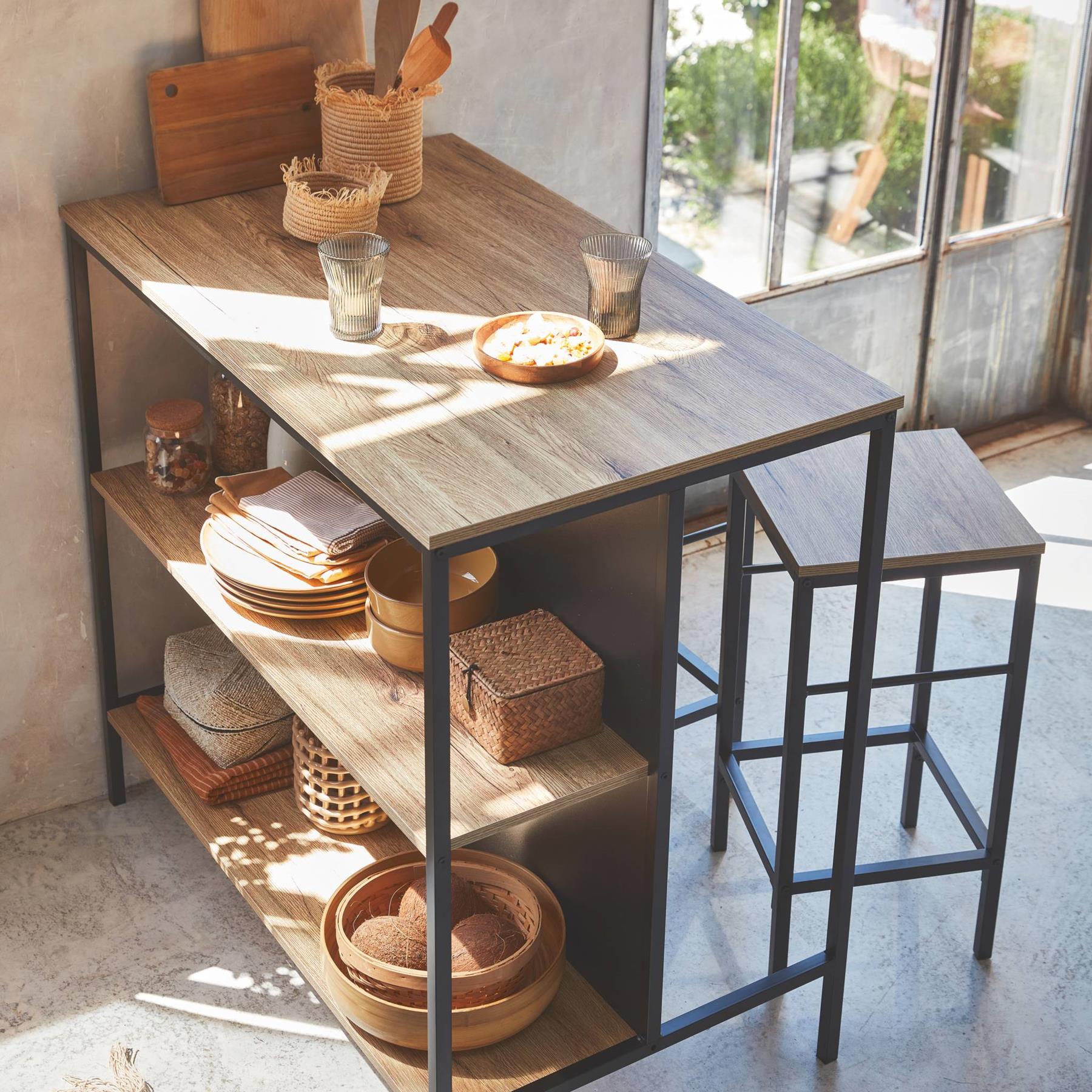sweeek - Hoge tafel van hout en metaal, 2 planken, 2 krukjes