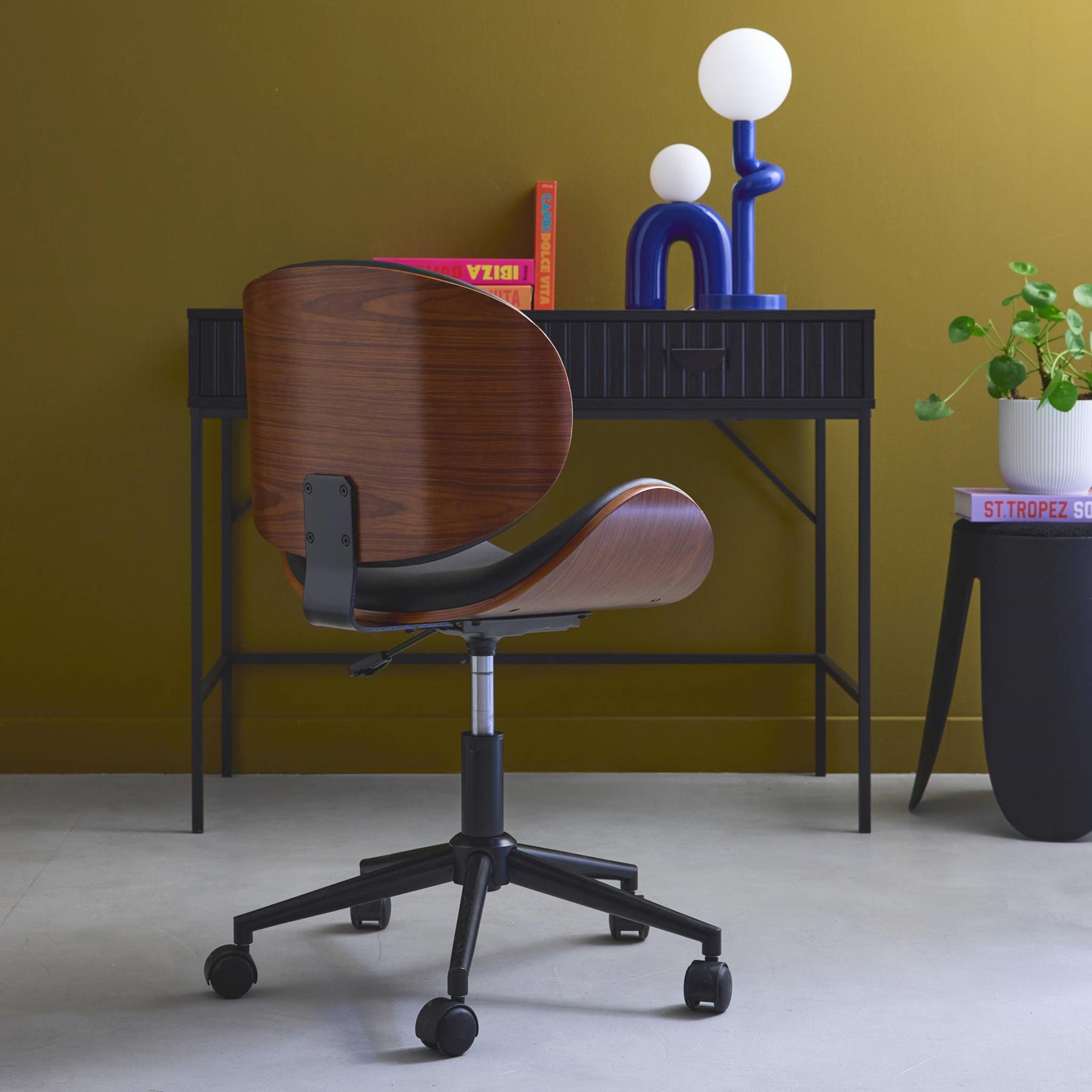 sweeek - Bureaustoel met wielen, gebogen hout en kunstlederen