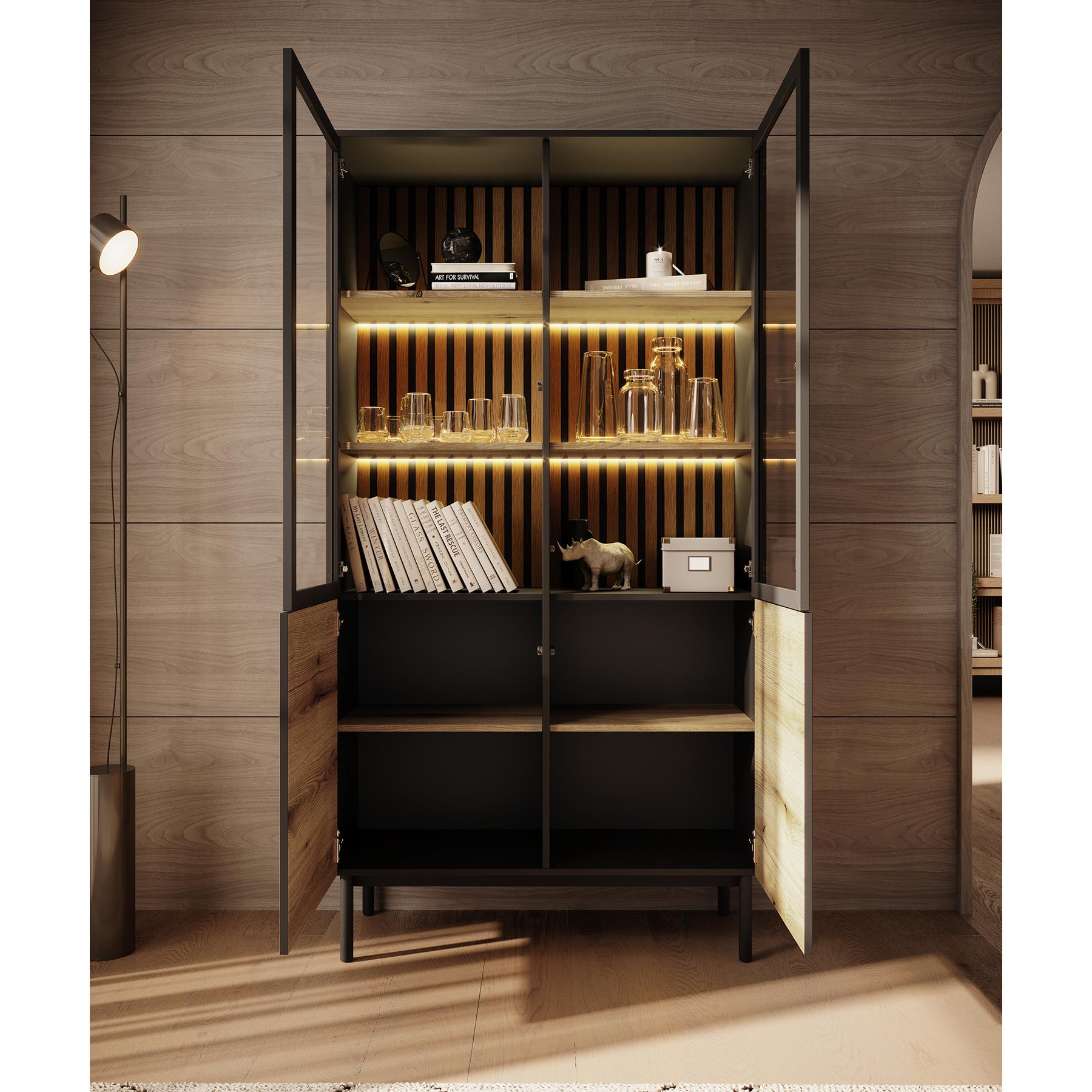 Meubella Vitrinekast Ludwig - Zwart - Eiken - 100 cm - Hoog