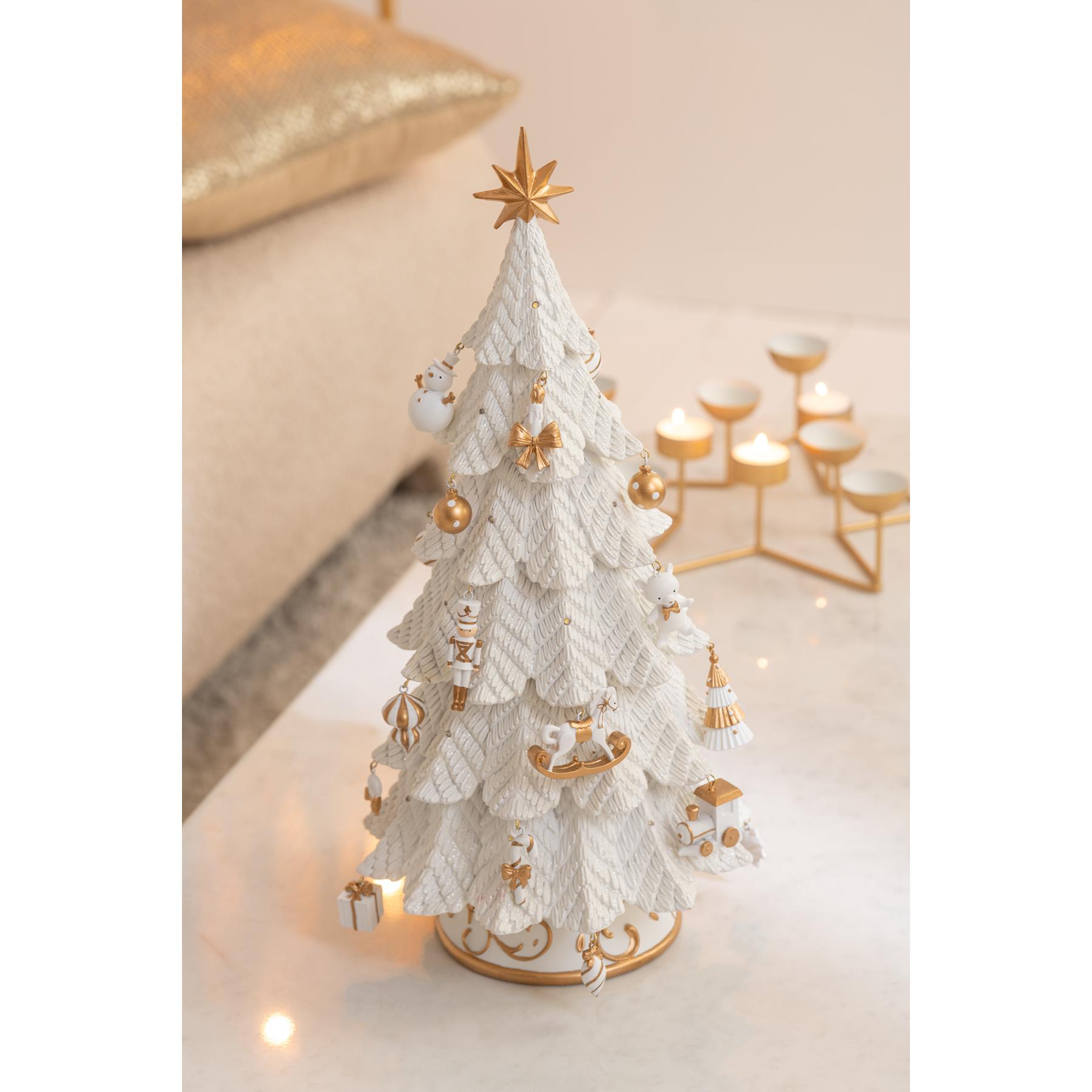 J-Line decoratie Kerstboom Ornamenten - polyresin - wit|goud - small - LED lichtjes