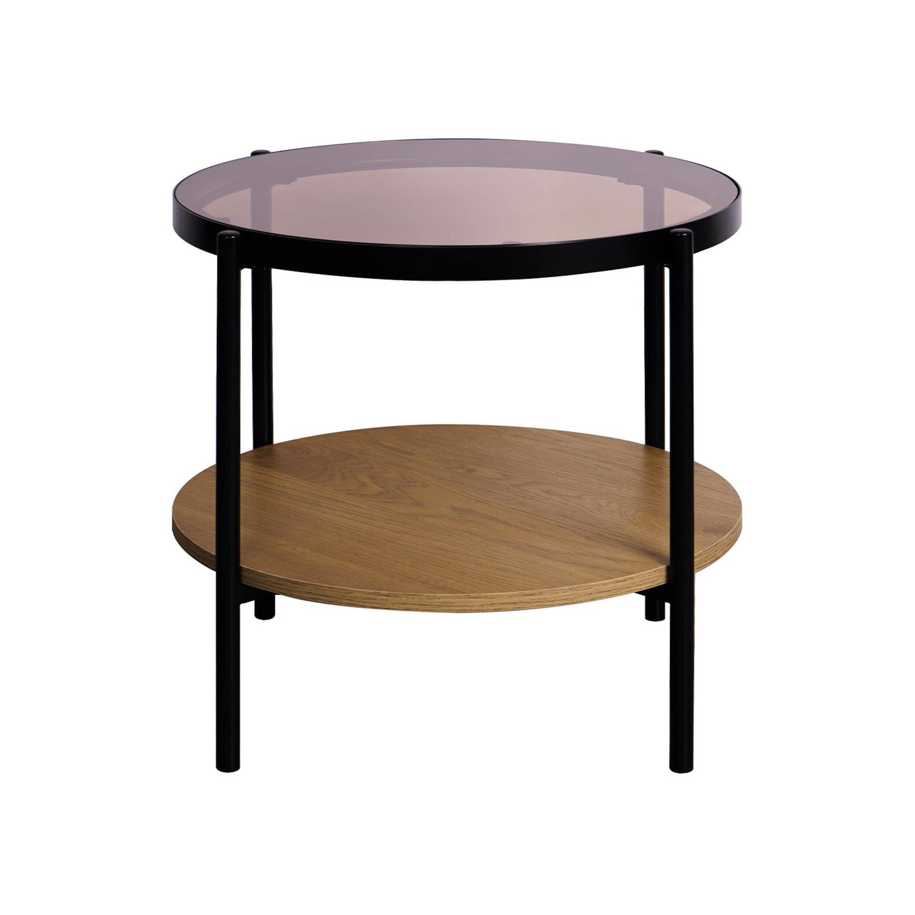 sweeek - Ronde bijzettafel in gehard glas, hout- en metaaleffect zwart