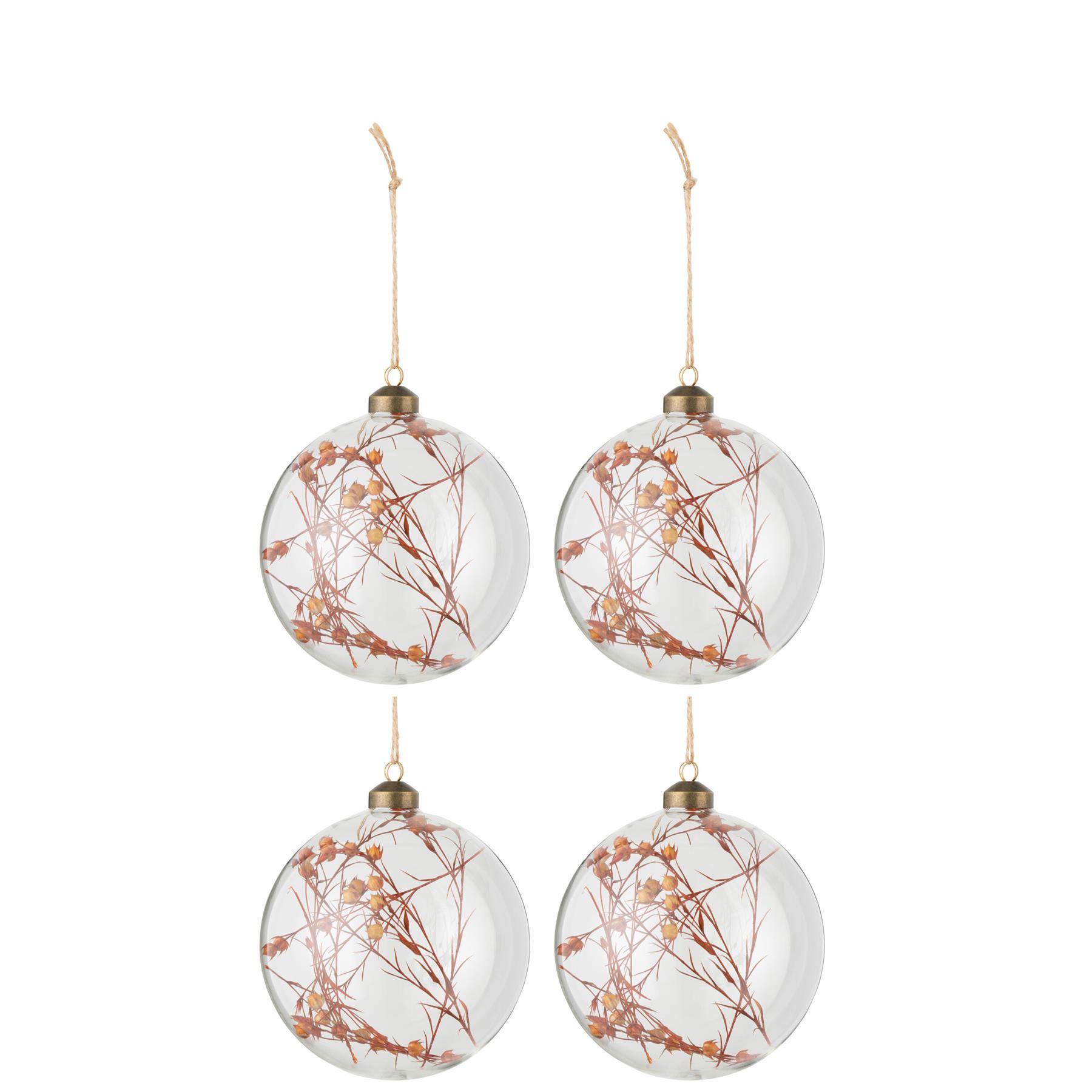J-Line kerstbal Gedroogde Bloemen - glas - transparant|roest - large - doos van 4