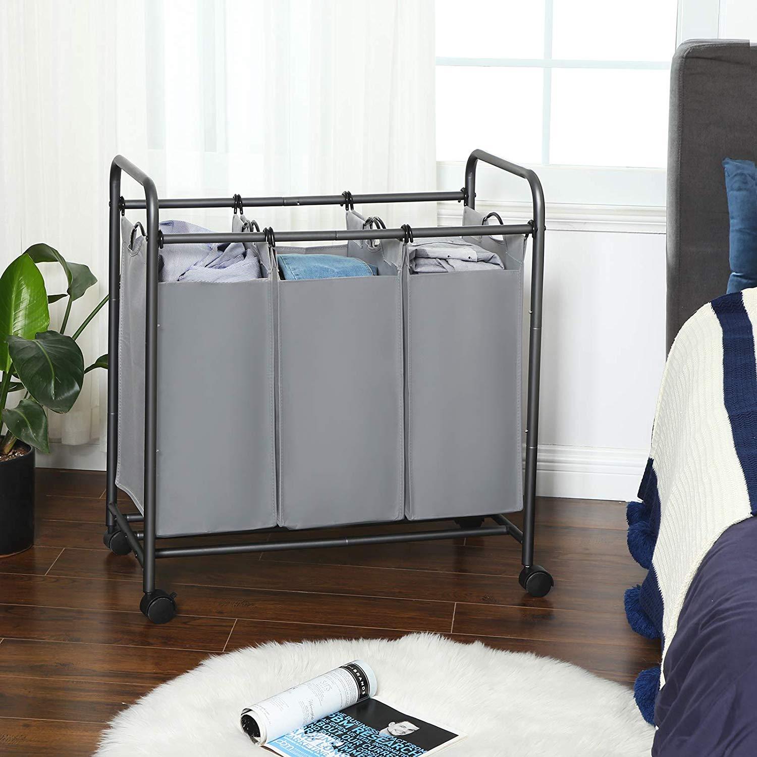 Mobiele wasmand - 3 vakken van elk 44 liter - 77x41x81.5 cm - grijs
