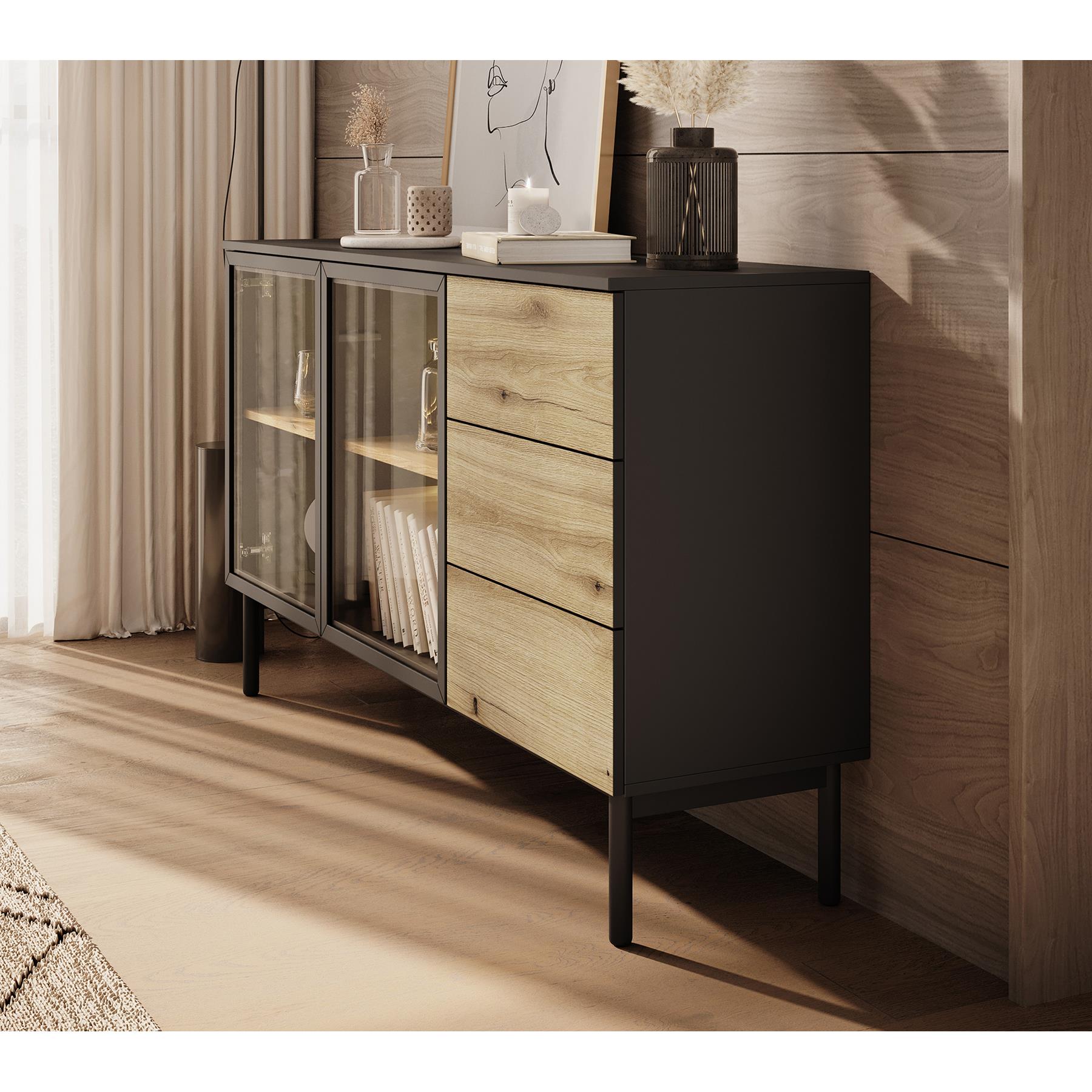 Meubella Dressoir Ludwig - Zwart - Eiken - 150 cm