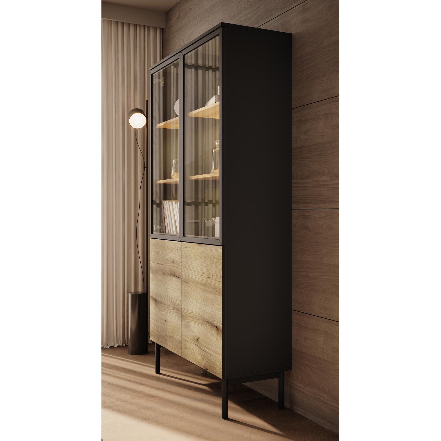 Meubella Vitrinekast Ludwig - Zwart - Eiken - 100 cm - Hoog