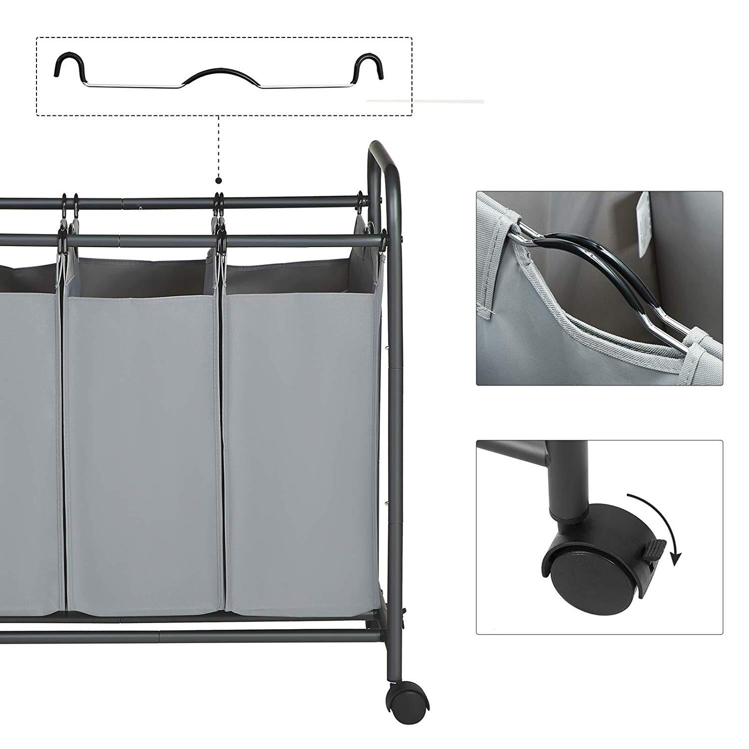Mobiele wasmand - 3 vakken van elk 44 liter - 77x41x81.5 cm - grijs