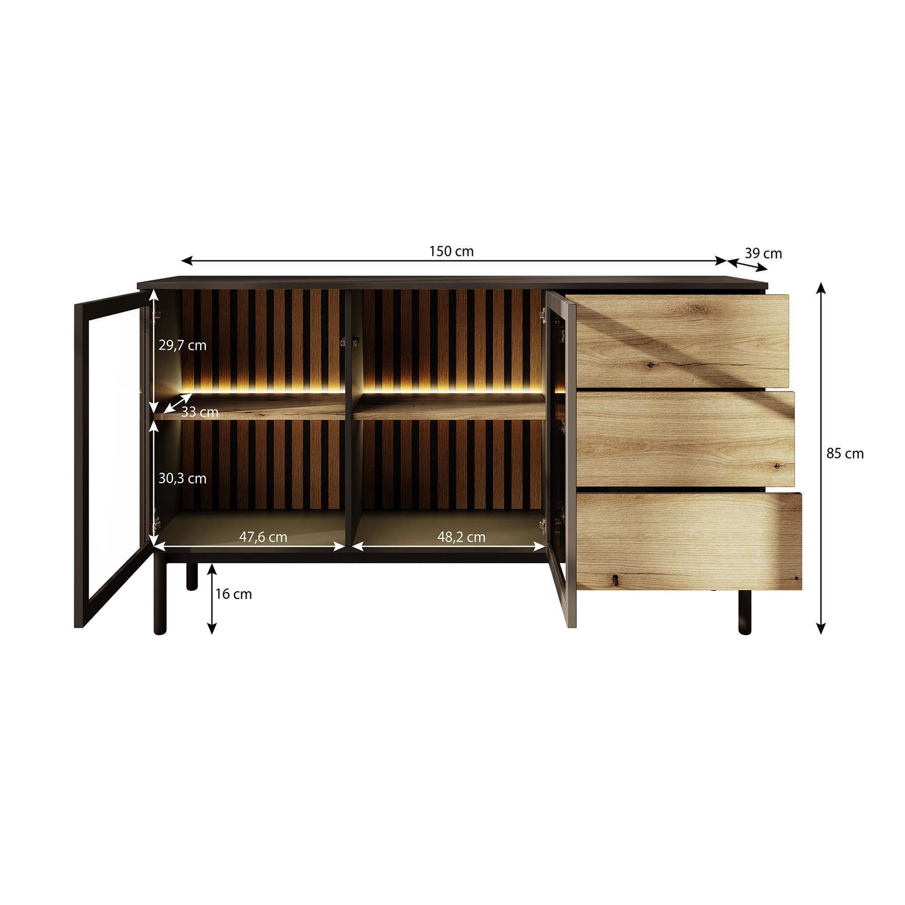 Meubella Dressoir Ludwig - Zwart - Eiken - 150 cm
