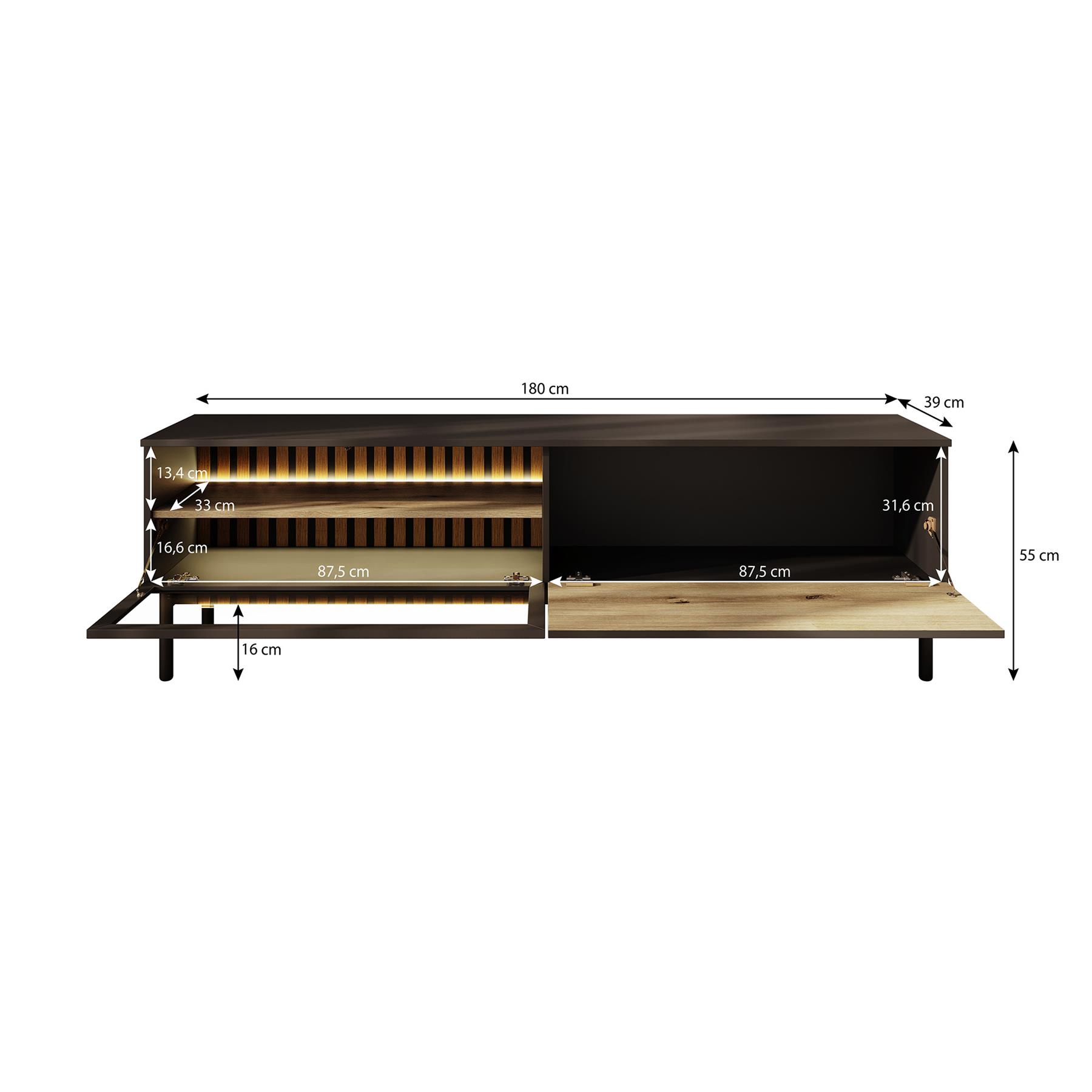 Meubella TV-Meubel Ludwig - Zwart - Eiken - 180 cm