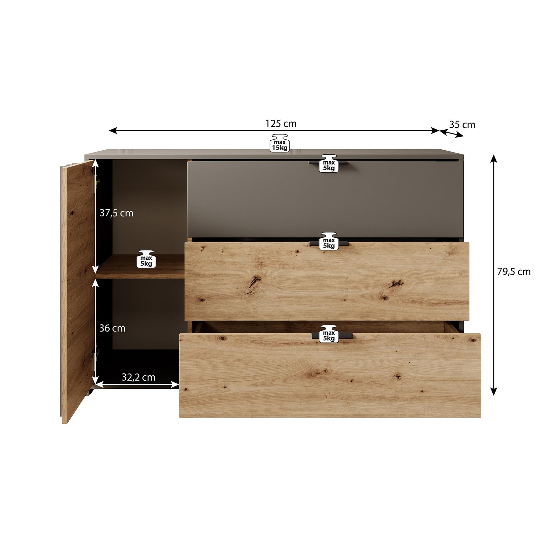Meubella Dressoir Roma - Grijs - Eiken - 125 cm