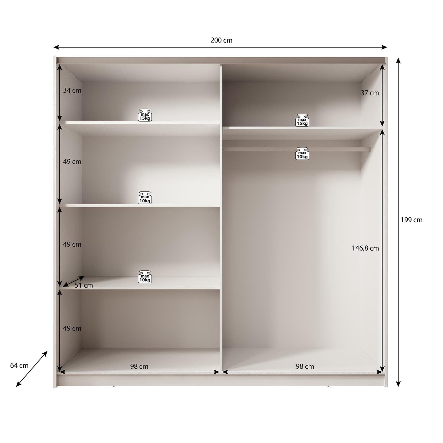 Meubella Kledingkast Boets - Wit - Eiken - 200 cm - Met spiegel