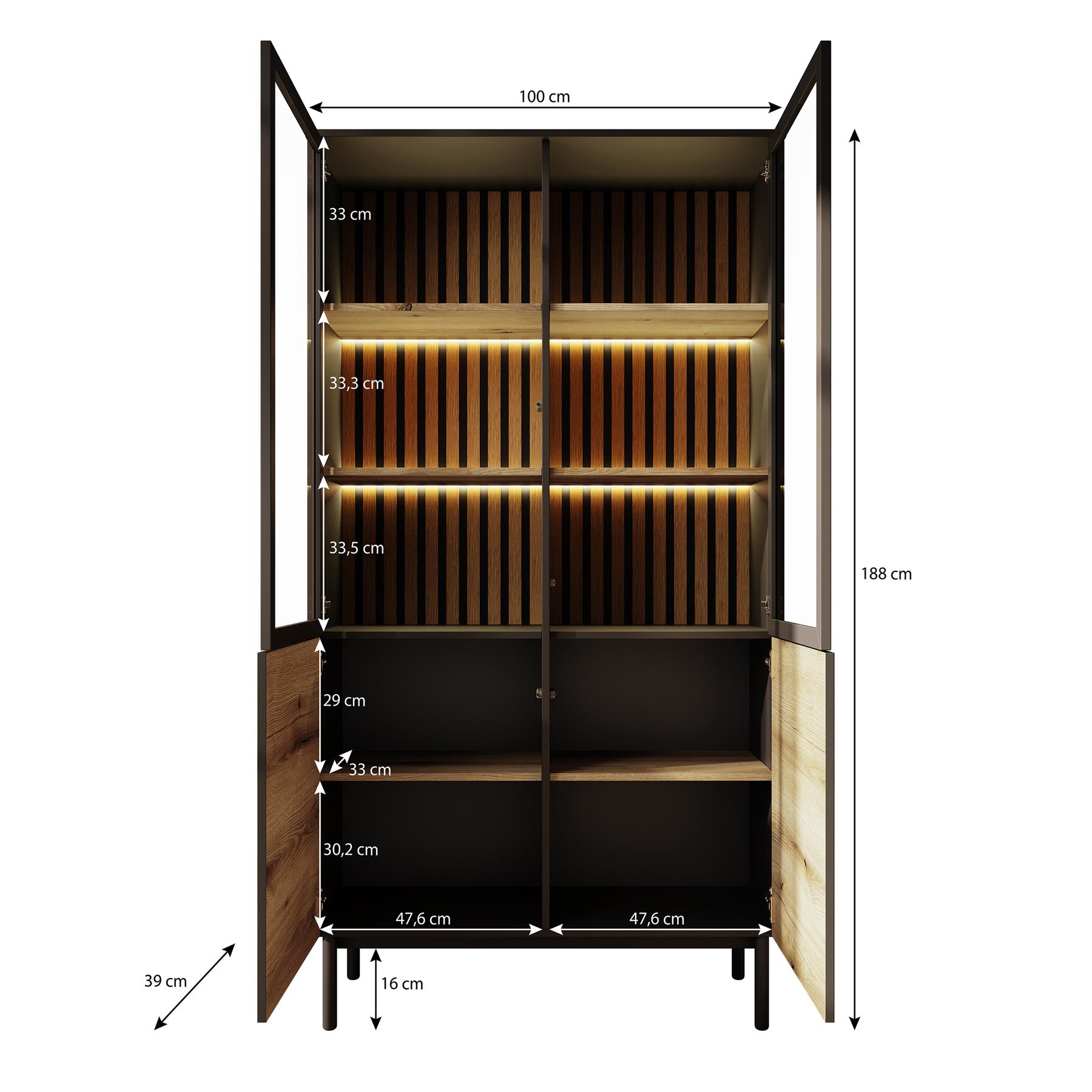 Meubella Vitrinekast Ludwig - Zwart - Eiken - 100 cm - Hoog