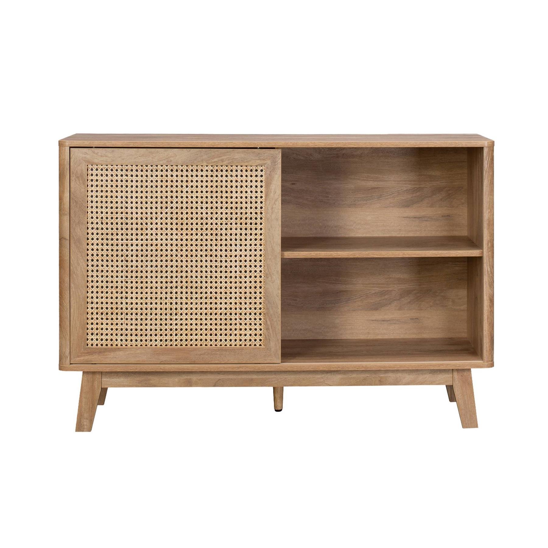 sweeek - Dressoir met 1 schuifdeur en legplanken, hout- en rieteffect,