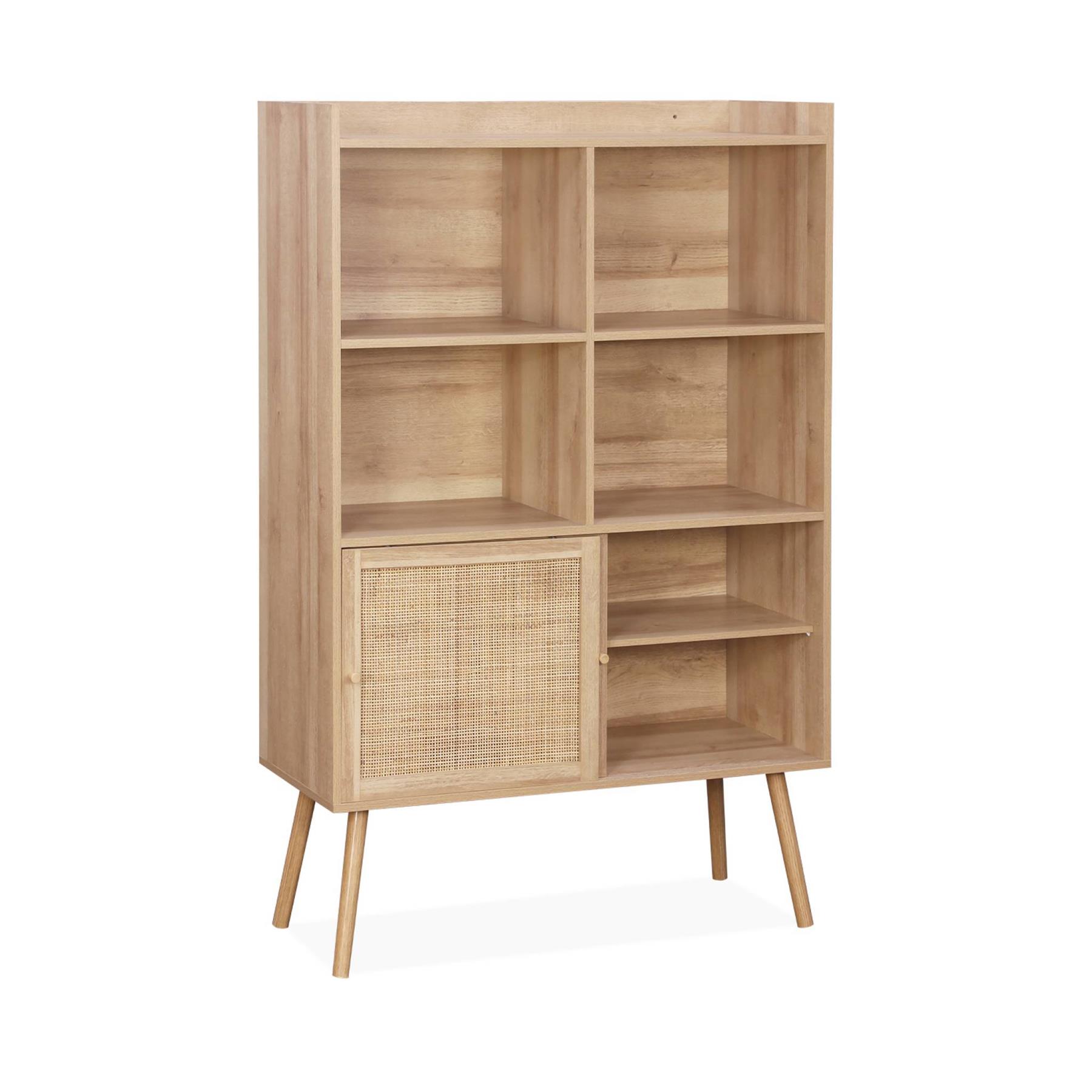 sweeek - Boekenkast 5 planken, schuifdeuren, effect hout en rotan