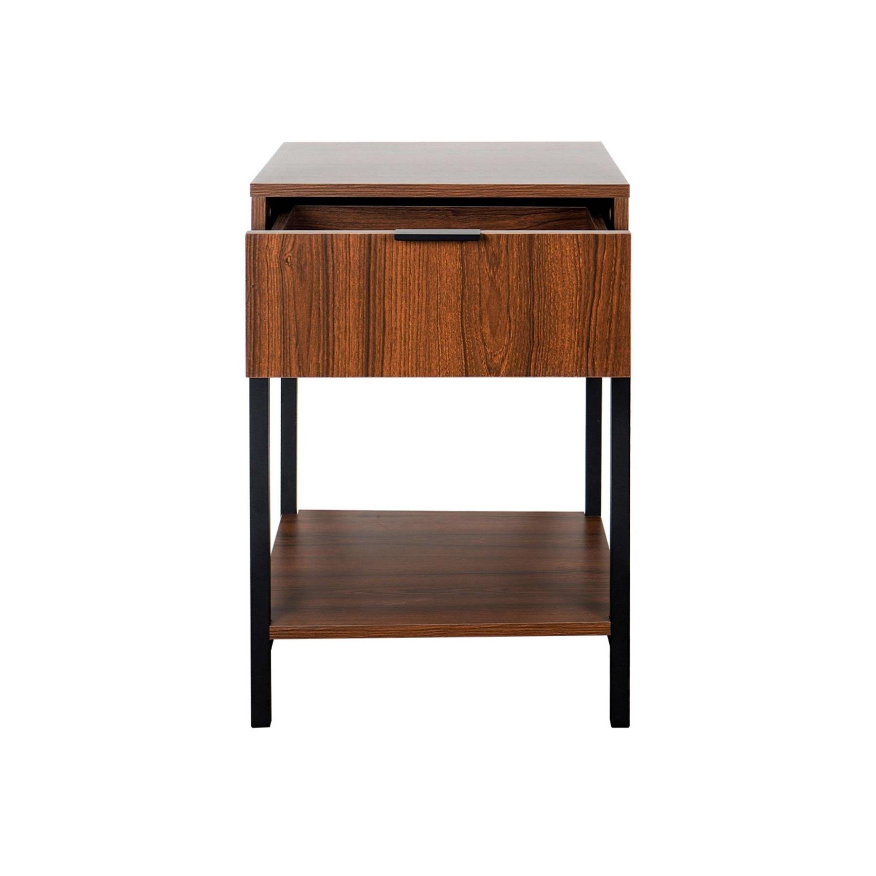 sweeek - Nachtkastje van walnootkleurig hout en zwart metaal, 1 lade