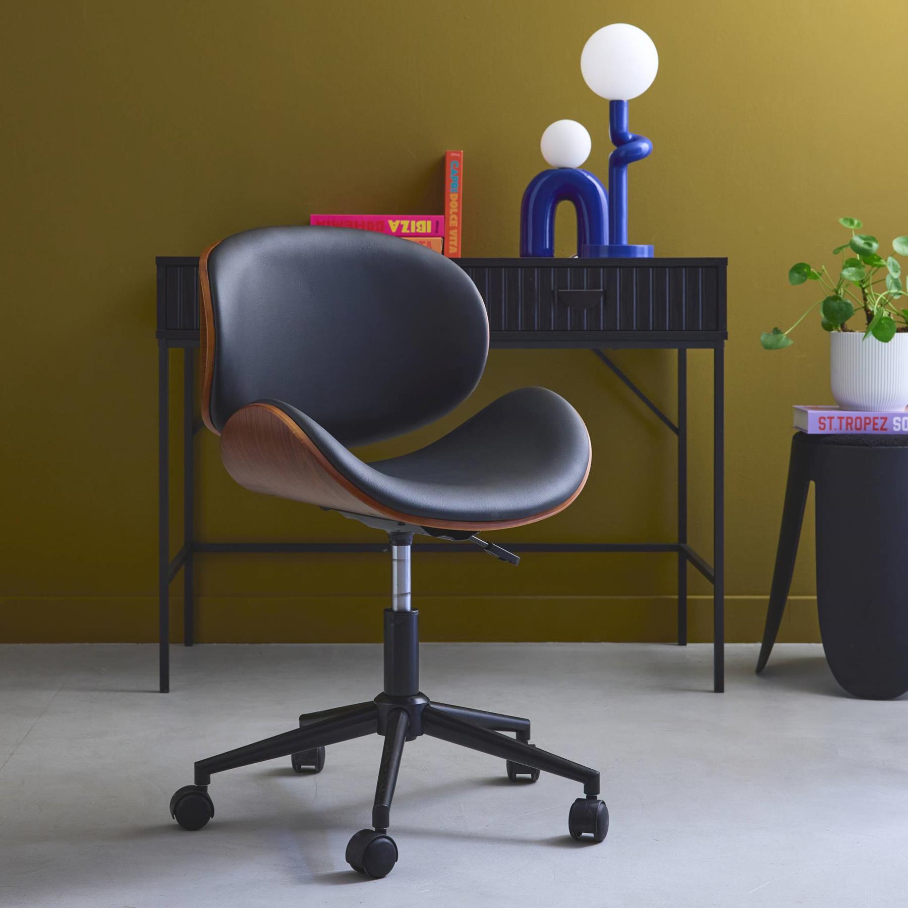 sweeek - Bureaustoel met wielen, gebogen hout en kunstlederen