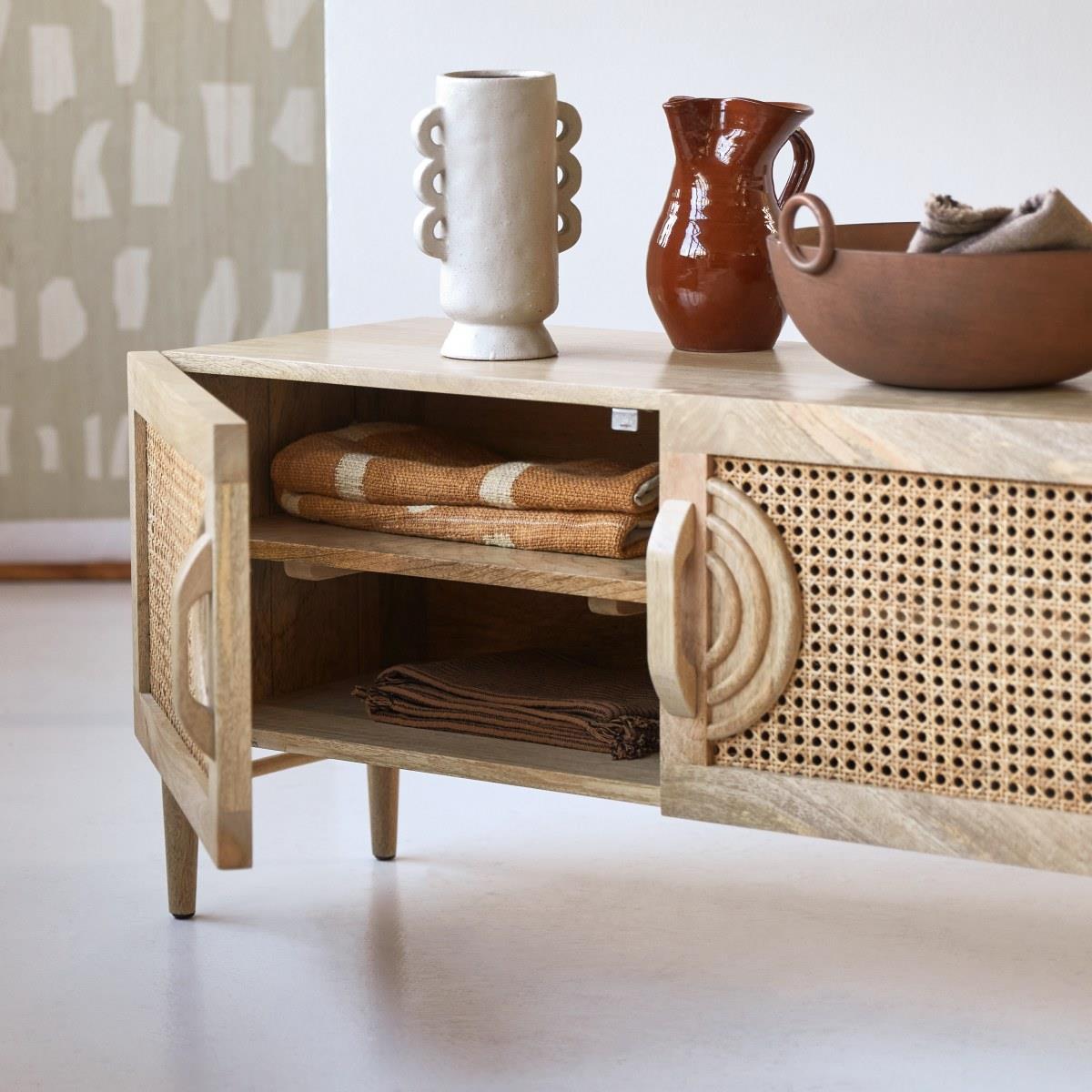 Tikamoon - Sina - Tv-meubel van massief mangohout en rotan 145 cm