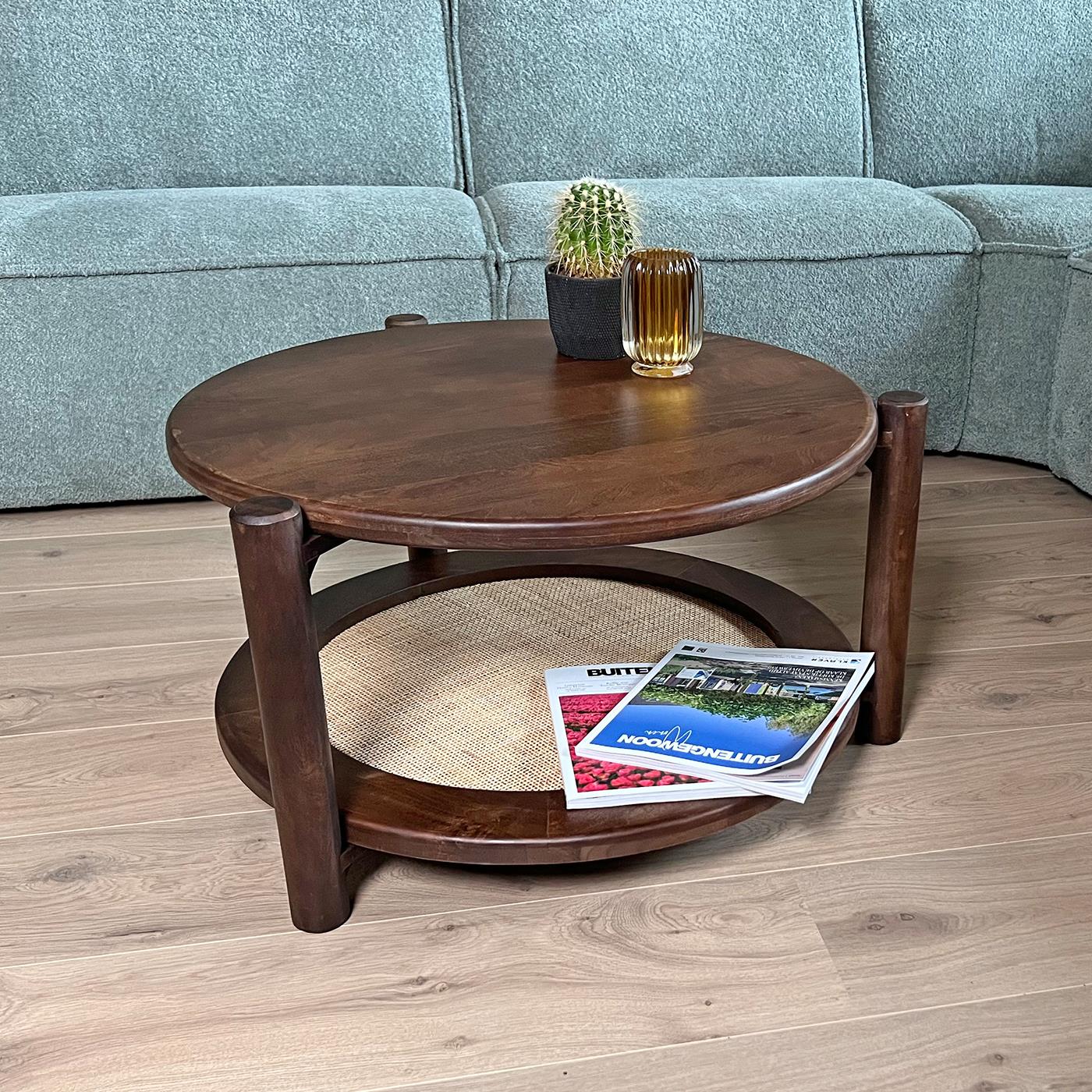 Old Inn - Mango salontafel walnoot met rotan rond 75 cm