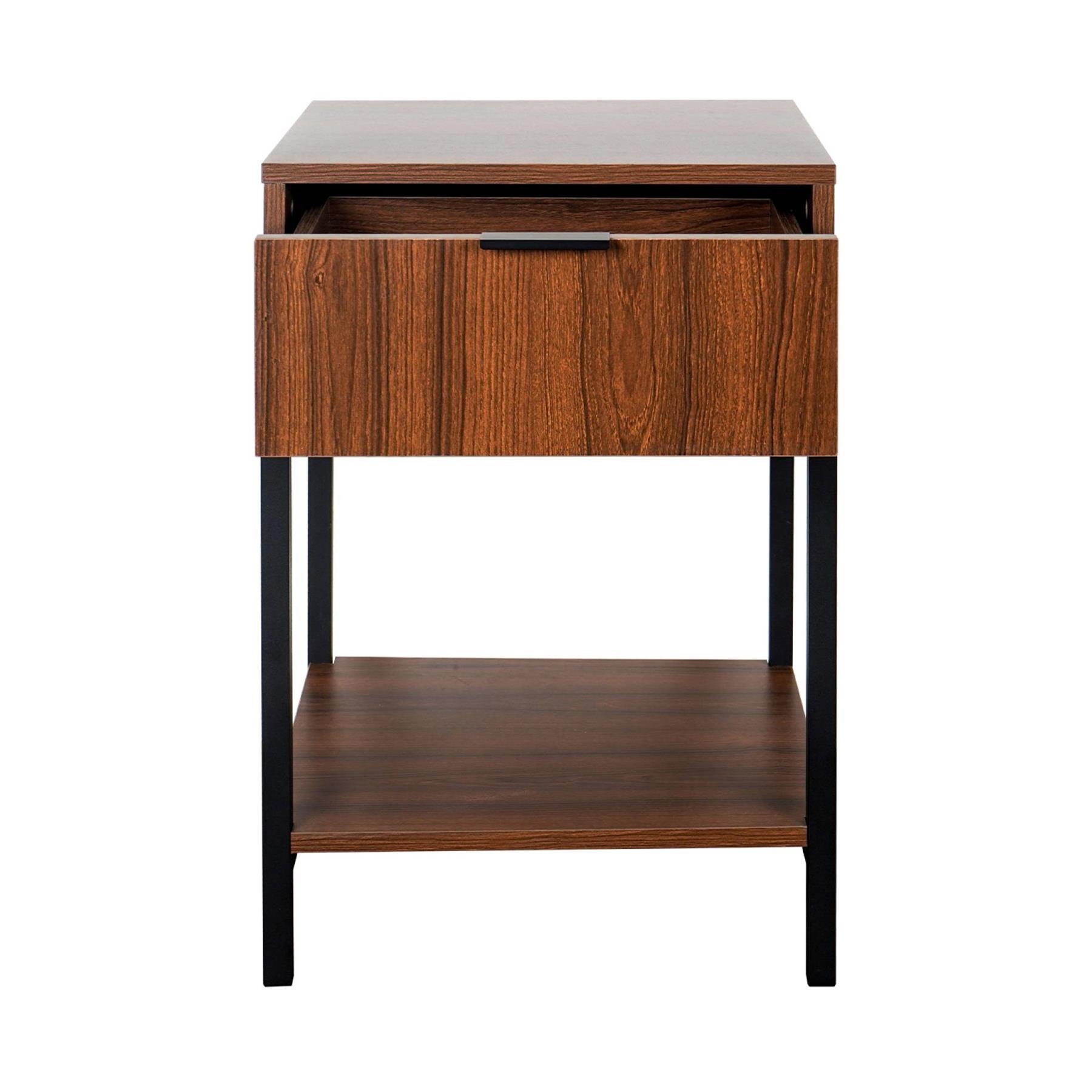 sweeek - Nachtkastje van walnootkleurig hout en zwart metaal, 1 lade