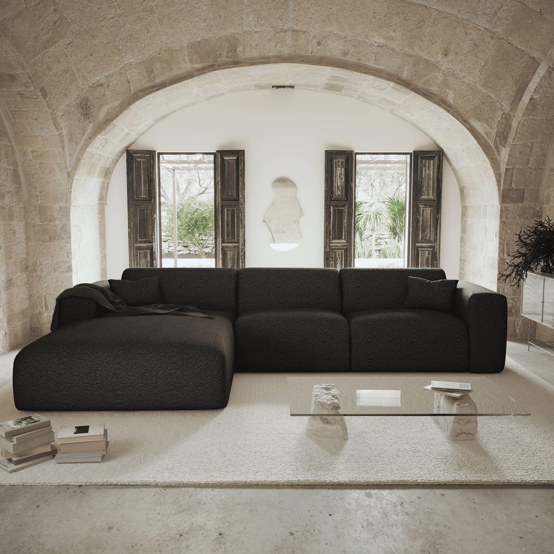 Sofa links hoek cabrio dunlopillo 5 zits bouclette zwart
