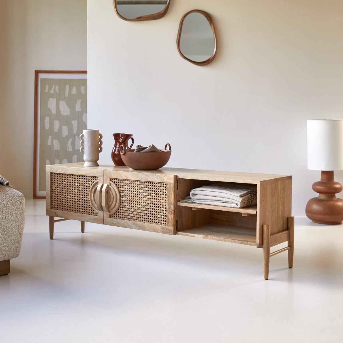 Tikamoon - Sina - Tv-meubel van massief mangohout en rotan 145 cm