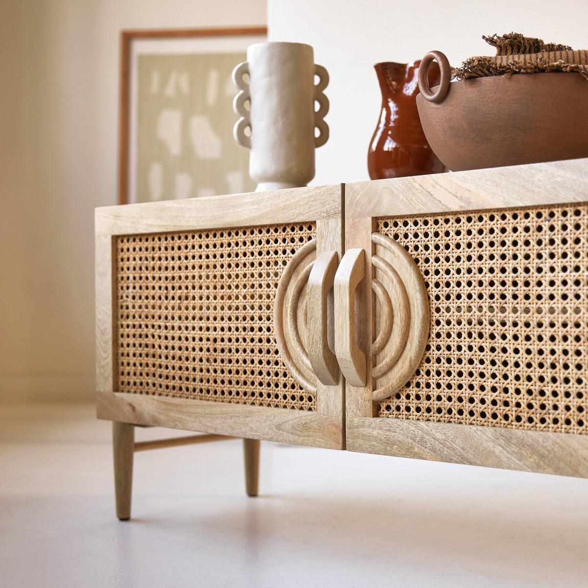 Tikamoon - Sina - Tv-meubel van massief mangohout en rotan 145 cm