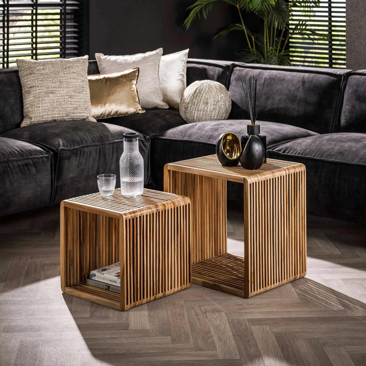 Fraaai Kathleen salontafel set van 2 rib - teakhout verweerd