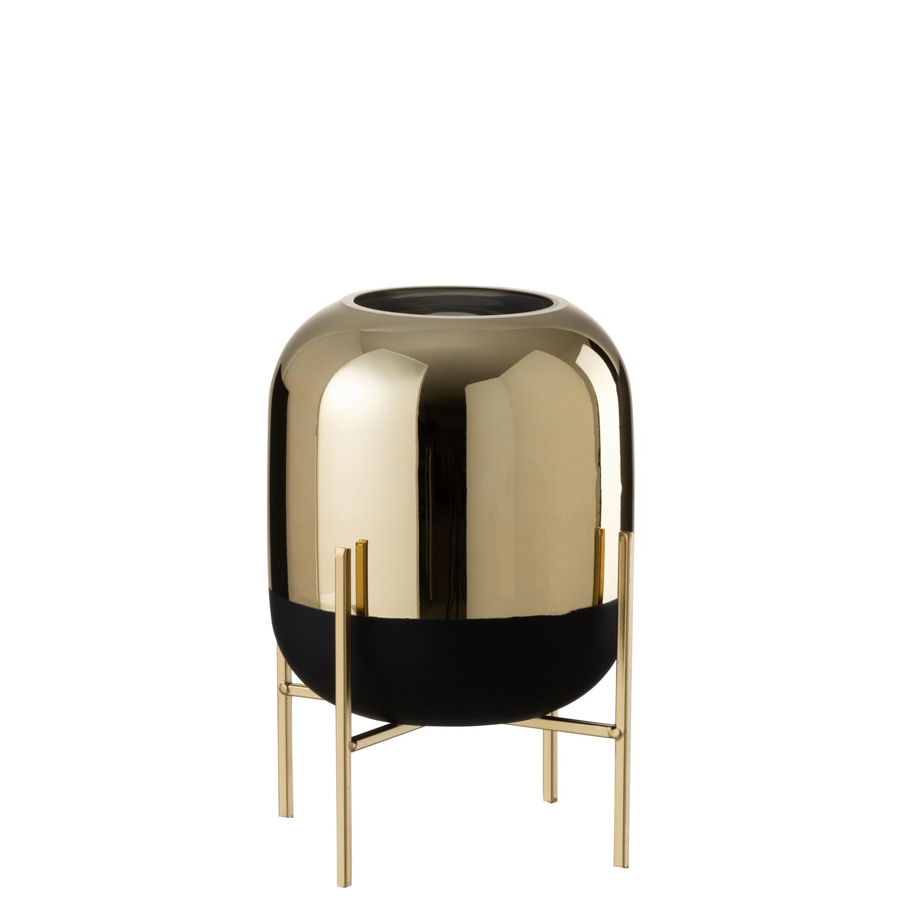 J-line - Windlicht Op Voet Glas Zwart|goud Small - 20x20x27cm