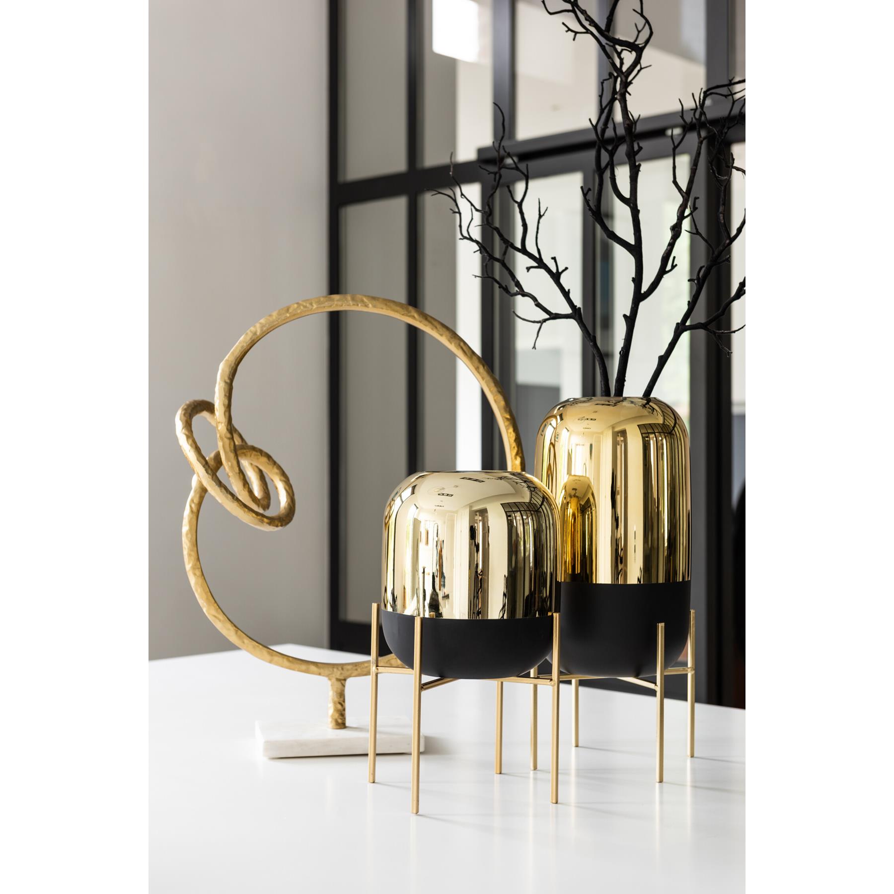 J-line - Windlicht Op Voet Glas Zwart|goud Small - 20x20x27cm
