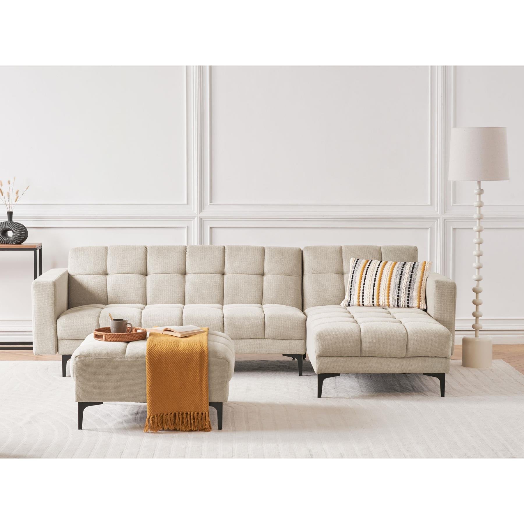 Beliani-ALNES-Hoekbank met ottomaan-Beige-Linkszijdig-Polyester