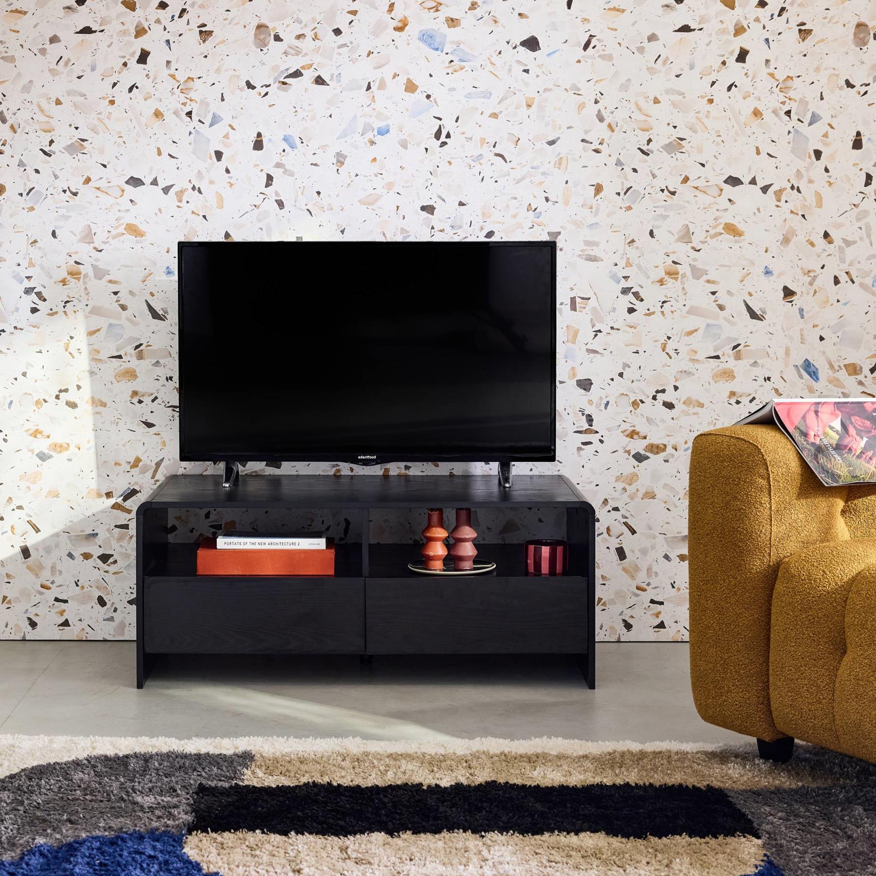 sweeek - TV-meubel met 2 laden en 2 legplanken, afgerond houteffect