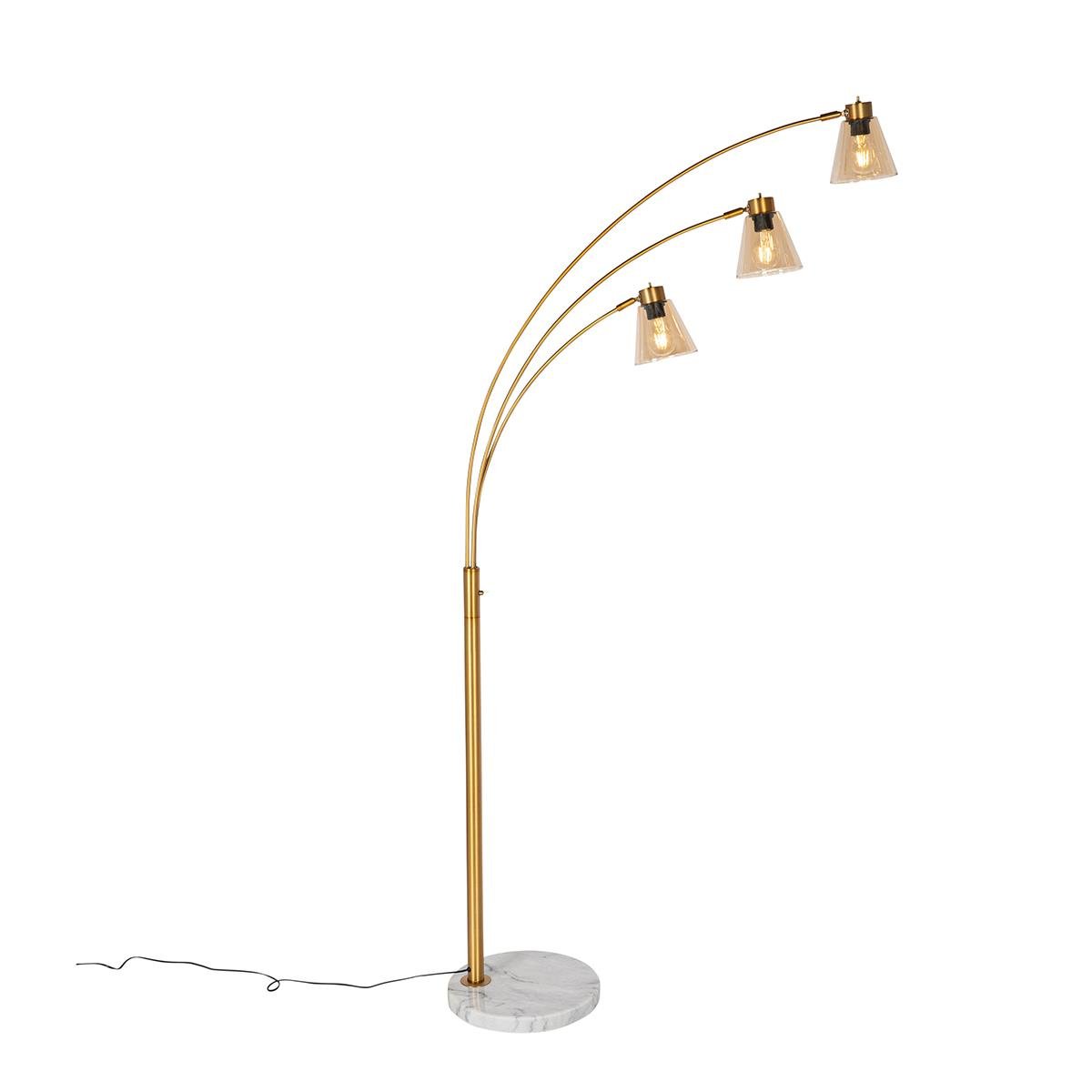 QAZQA Booglamp brons met marmer en amber glas 3-lichts - Nina