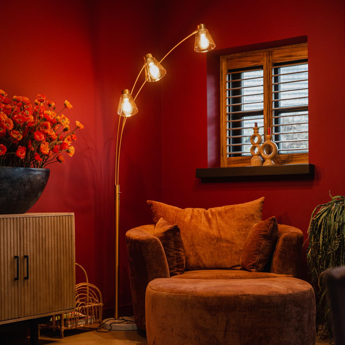 QAZQA Booglamp brons met marmer en amber glas 3-lichts - Nina