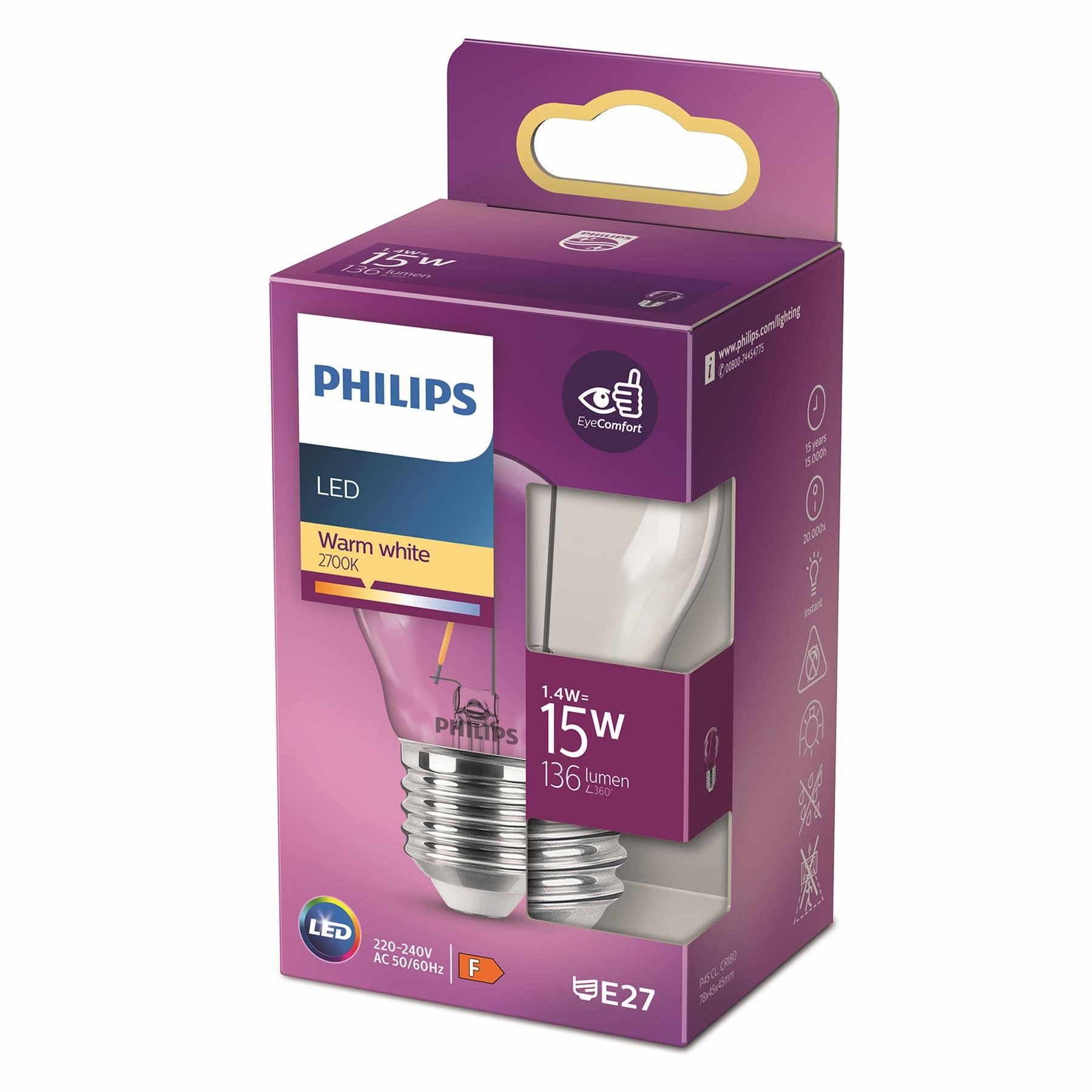 Philips LED Kogellamp Transparant - 15 W - E27 - warmwit licht