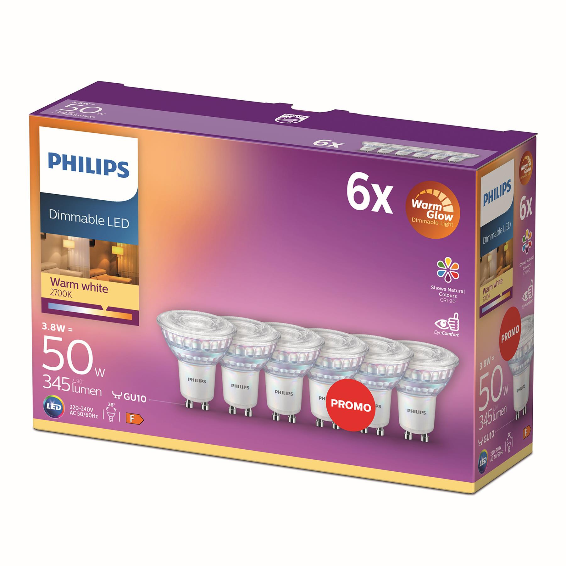 Philips LED WarmGlow spot dimbaar (6-pack) - GU10 36D 3,8W 334lm 2700…