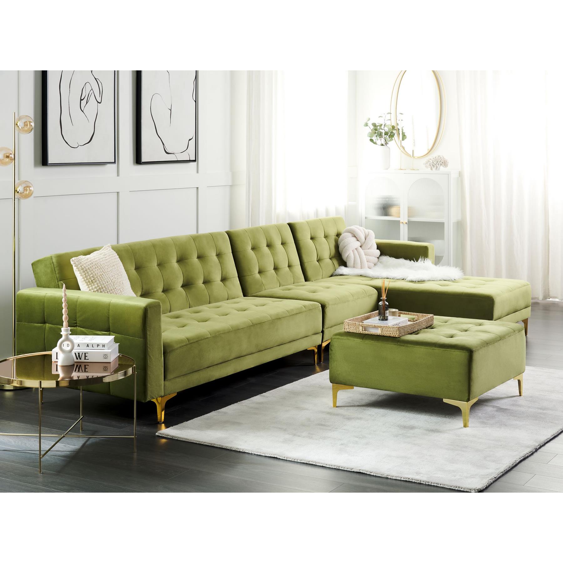 Beliani-ABERDEEN-Hoekslaapbank-Groen-Linkerzijde-347 cm-Fluweel