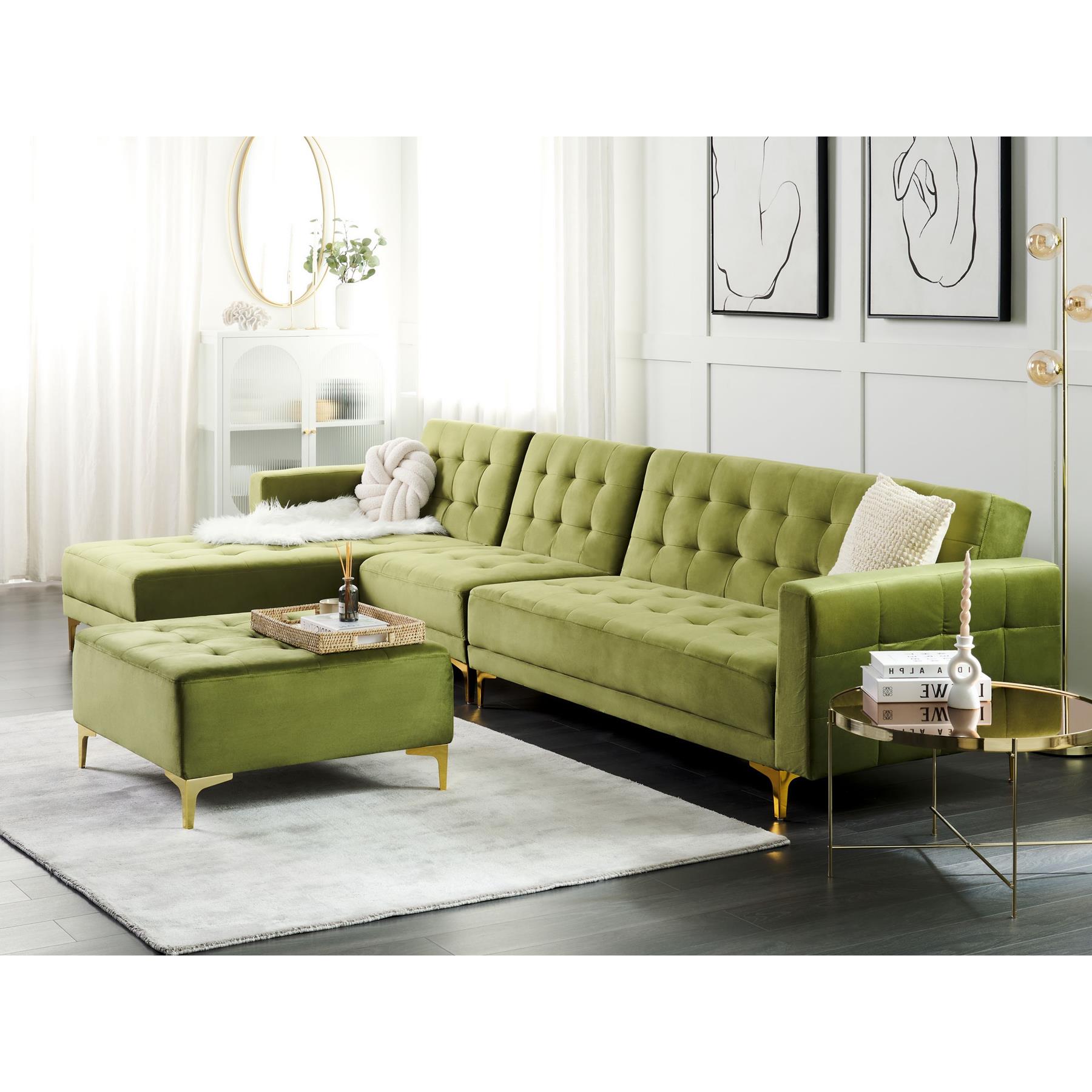 Beliani-ABERDEEN-Hoekslaapbank-Groen-Rechterzijde-347 cm-Fluweel