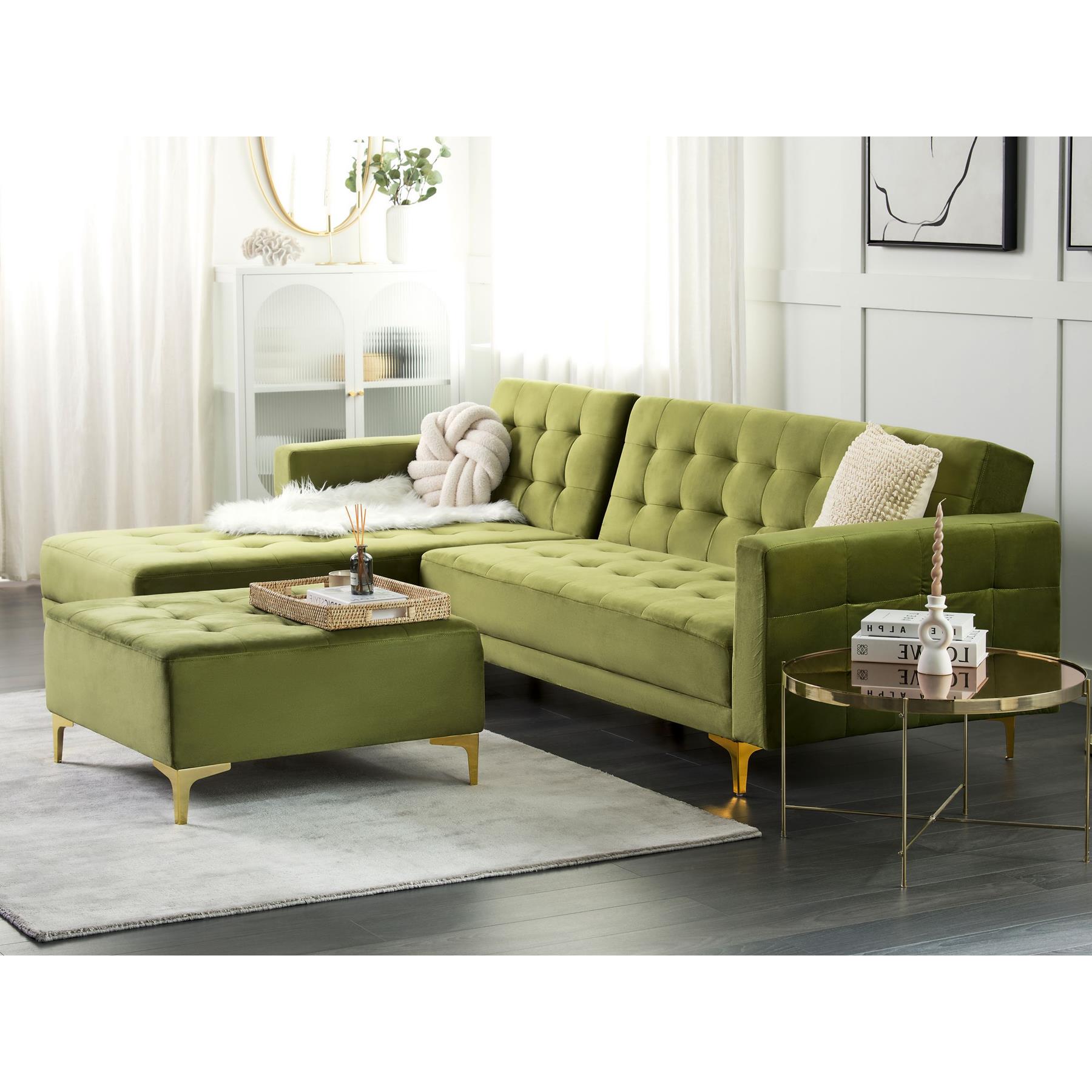 Beliani-ABERDEEN-Hoekslaapbank-Groen-Rechterzijde-267 cm-Fluweel