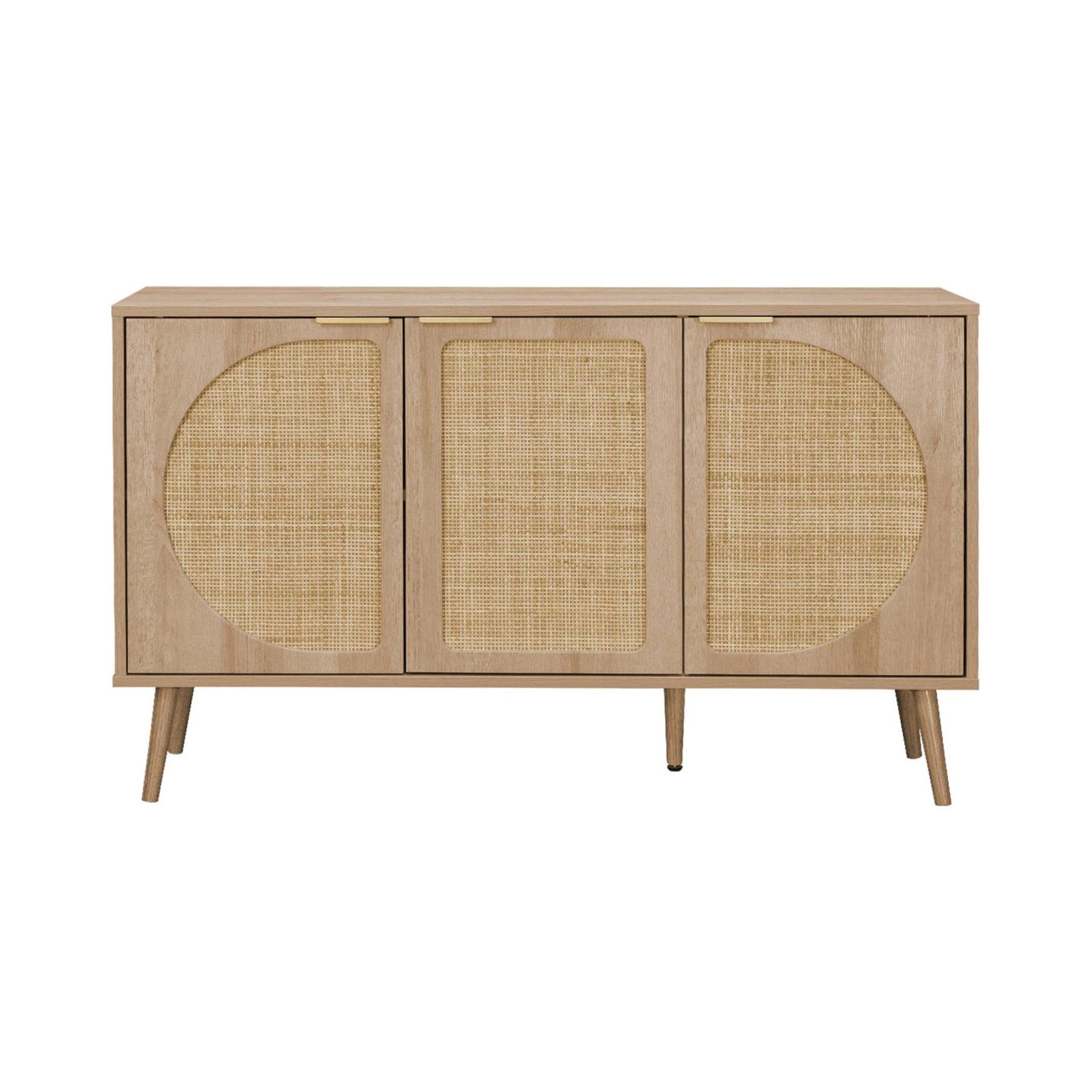 sweeek - Scandinavisch dressoir, hout en rond rietdecor, 3 deuren, 120