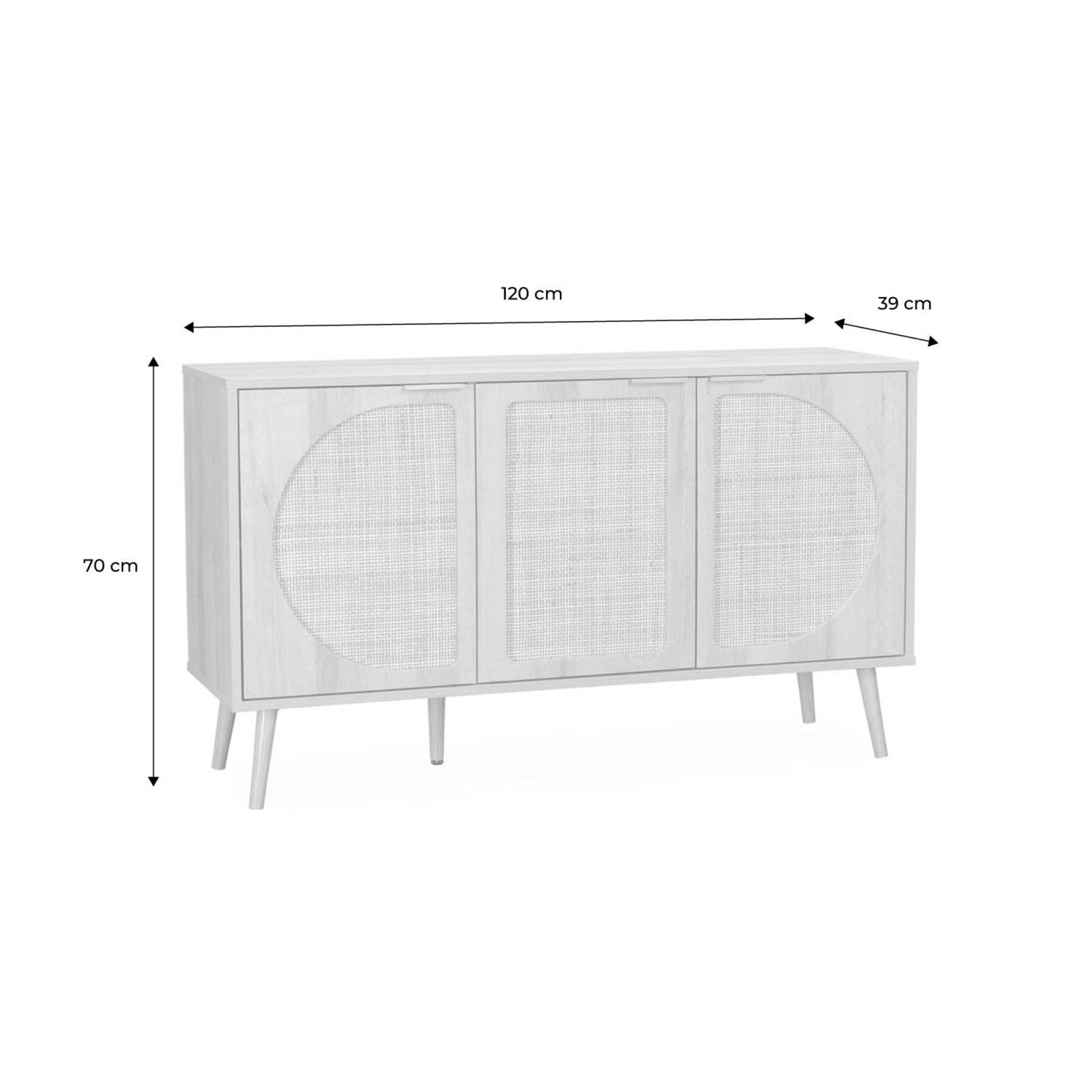 sweeek - Scandinavisch dressoir, hout en rond rietdecor, 3 deuren, 120