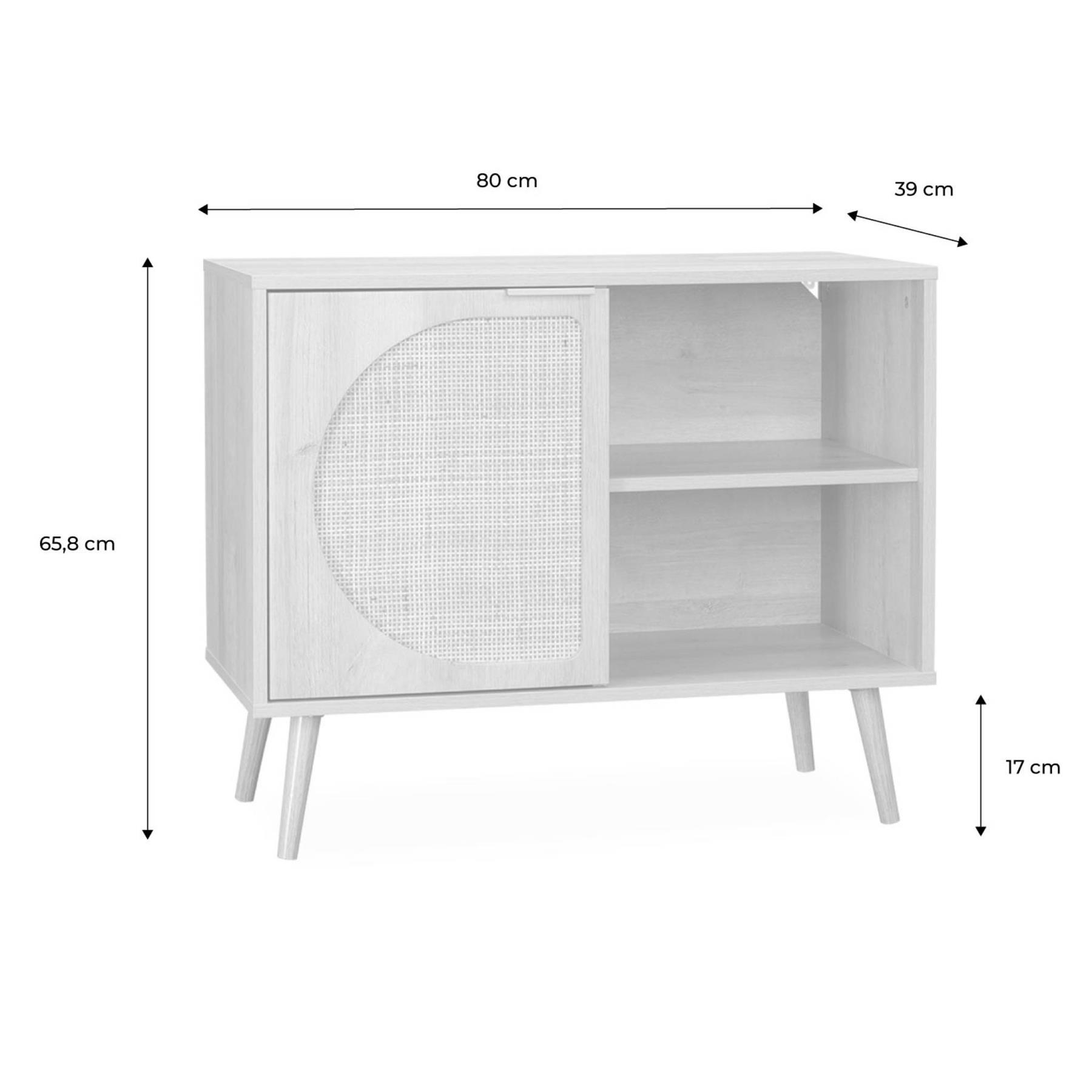 sweeek - Scandinavisch dressoir, hout en rond rietdecor, 1 deur 80cm
