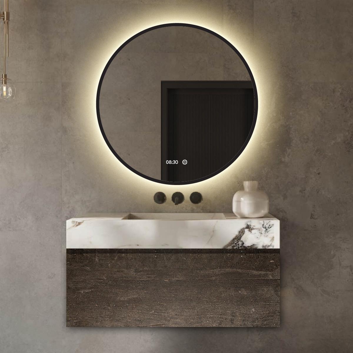 Vtw Living - Badkamerspiegel Rond 80 cm Zwart Spiegel met Verlichting