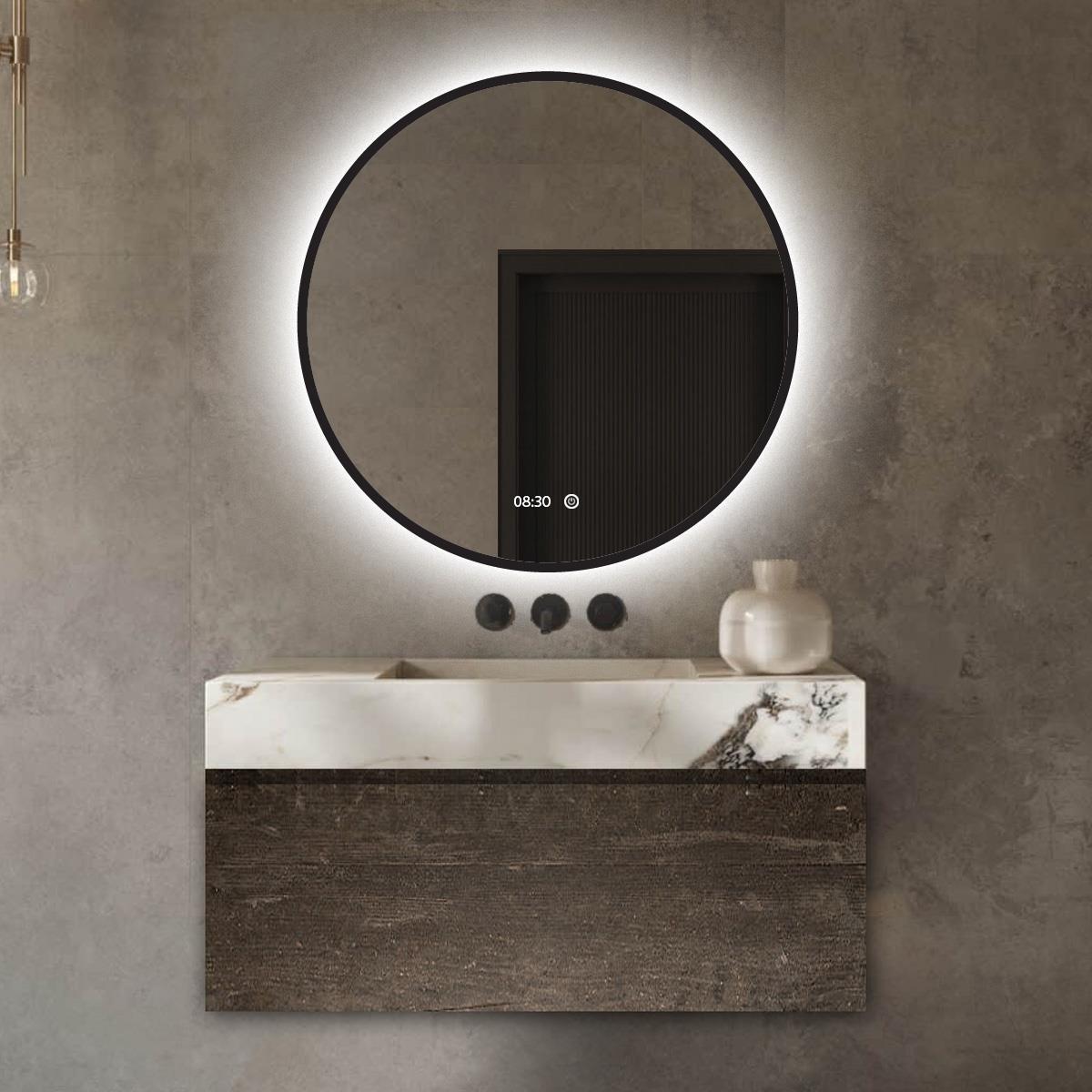 Vtw Living - Badkamerspiegel Rond 80 cm Zwart Spiegel met Verlichting