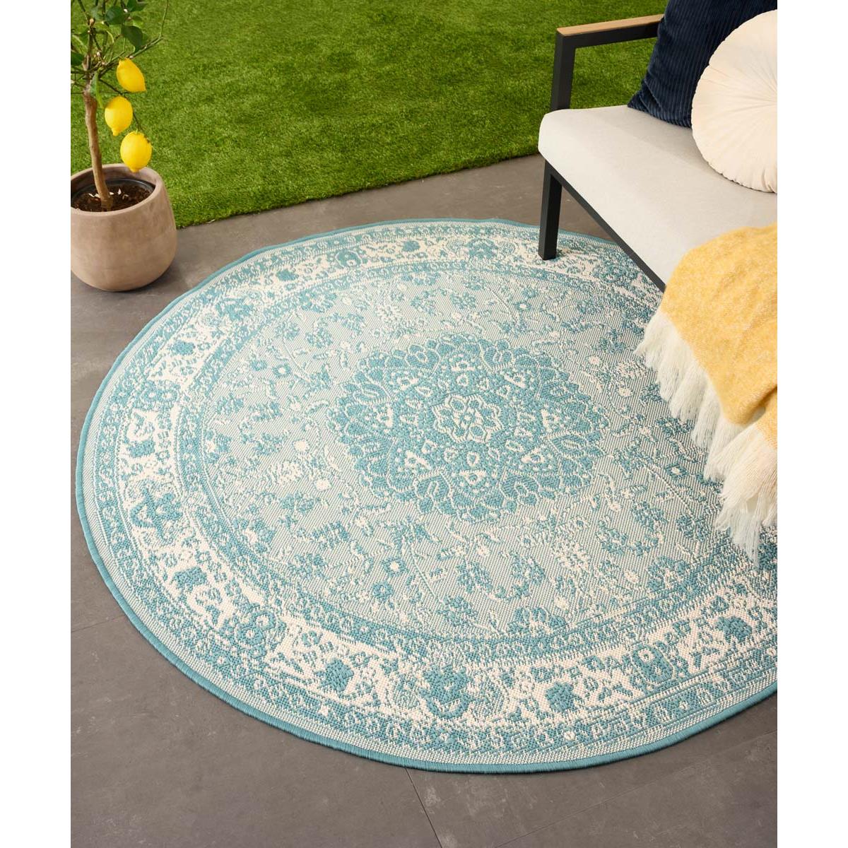 Tapeso Rond Vintage buitenkleed - Flip Agnes turquoise - 160 cm rond