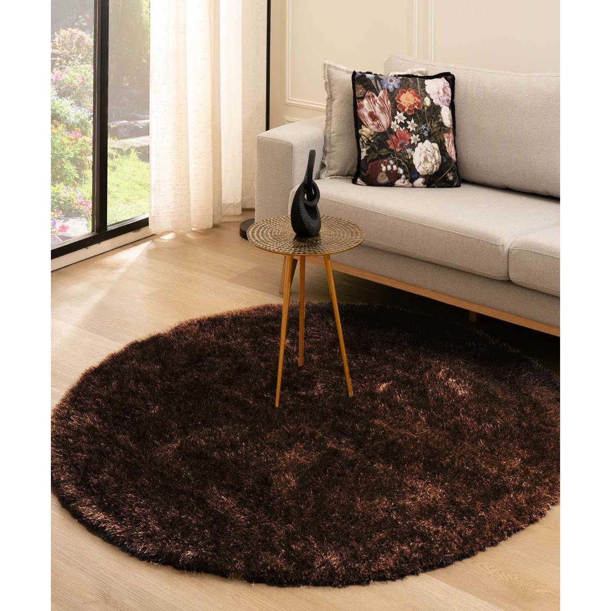 Tapeso Rond hoogpolig vloerkleed velvet - Posh donkerbruin - 80 cm