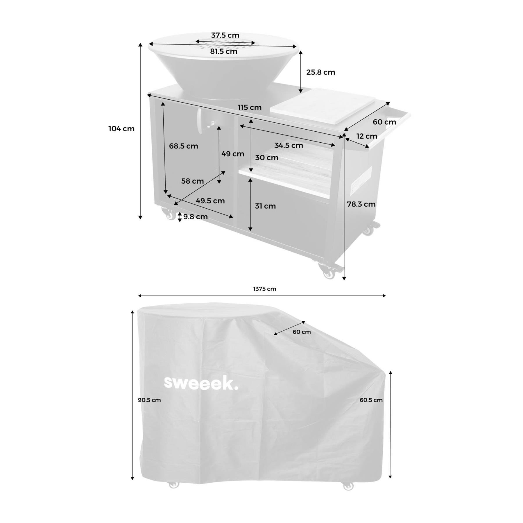 sweeek - Vuurschaal Ø80cm, grillrooster, houtopslag + beschermhoes