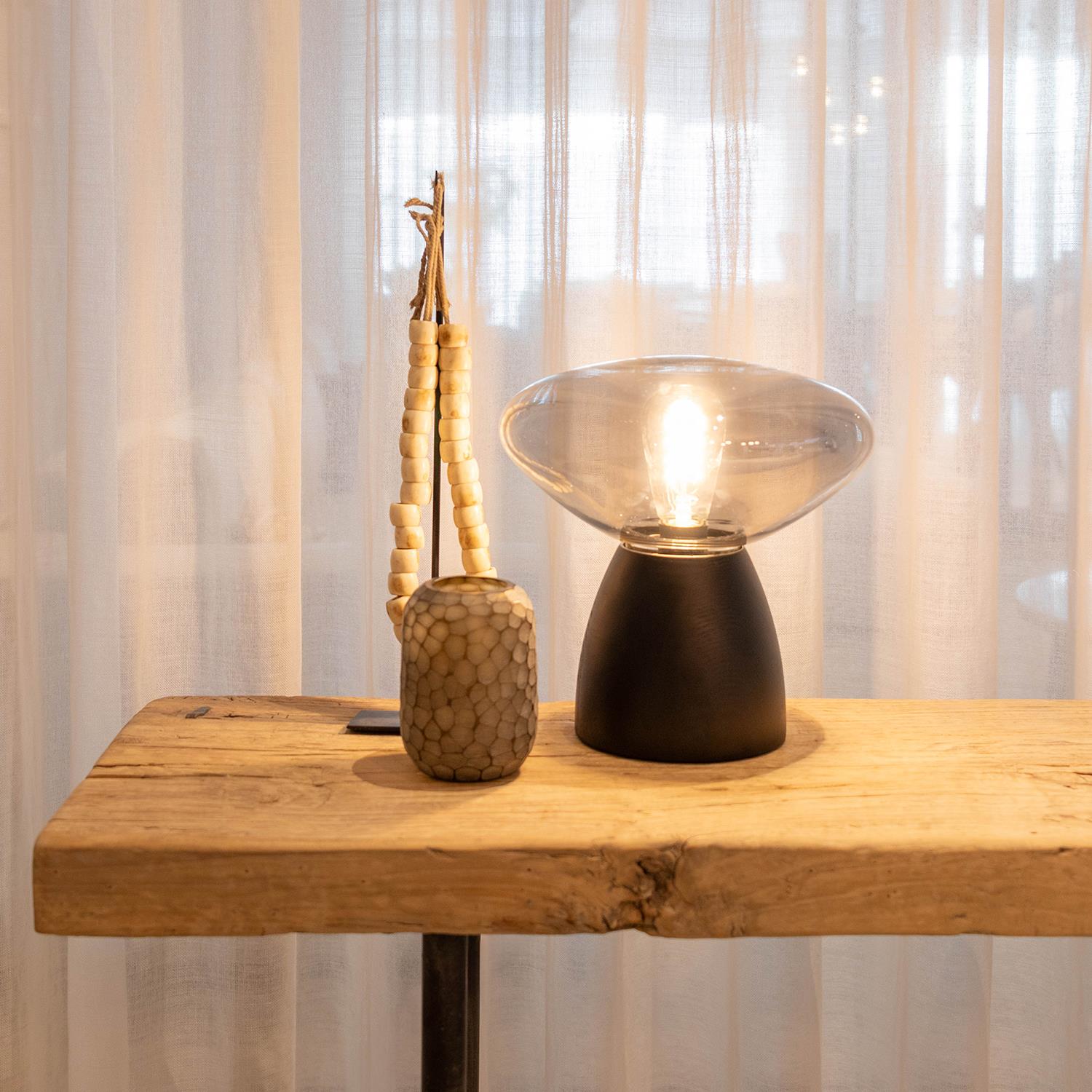 Atmooz Tafellamp Cannes - Zwart Eikenhout & Gerookt Glas - Ø 29 cm