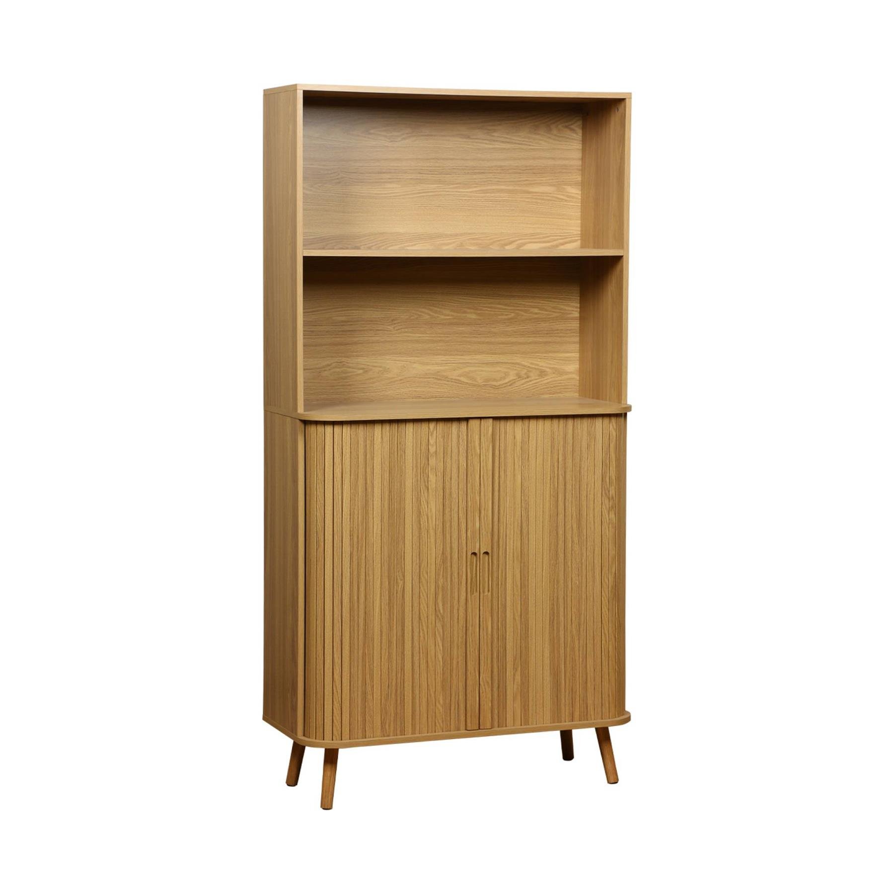 sweeek - Boekenkast, 2 schuifdeuren, 4 niveaus, gegroefd houteffect