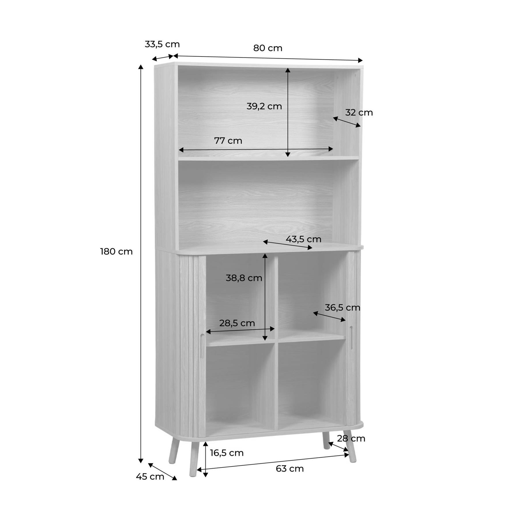 sweeek - Boekenkast, 2 schuifdeuren, 4 niveaus, gegroefd houteffect