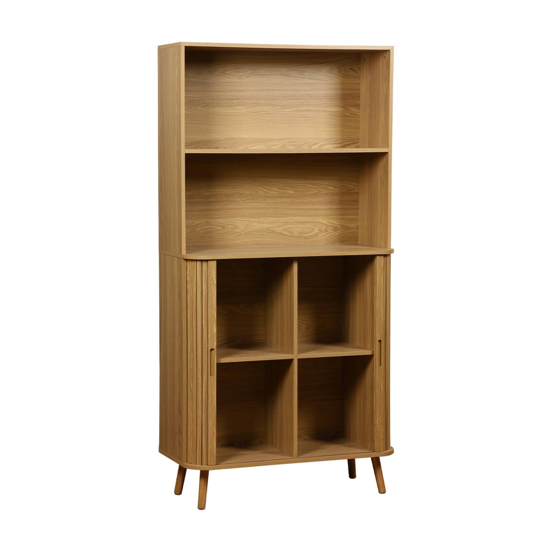 sweeek - Boekenkast, 2 schuifdeuren, 4 niveaus, gegroefd houteffect
